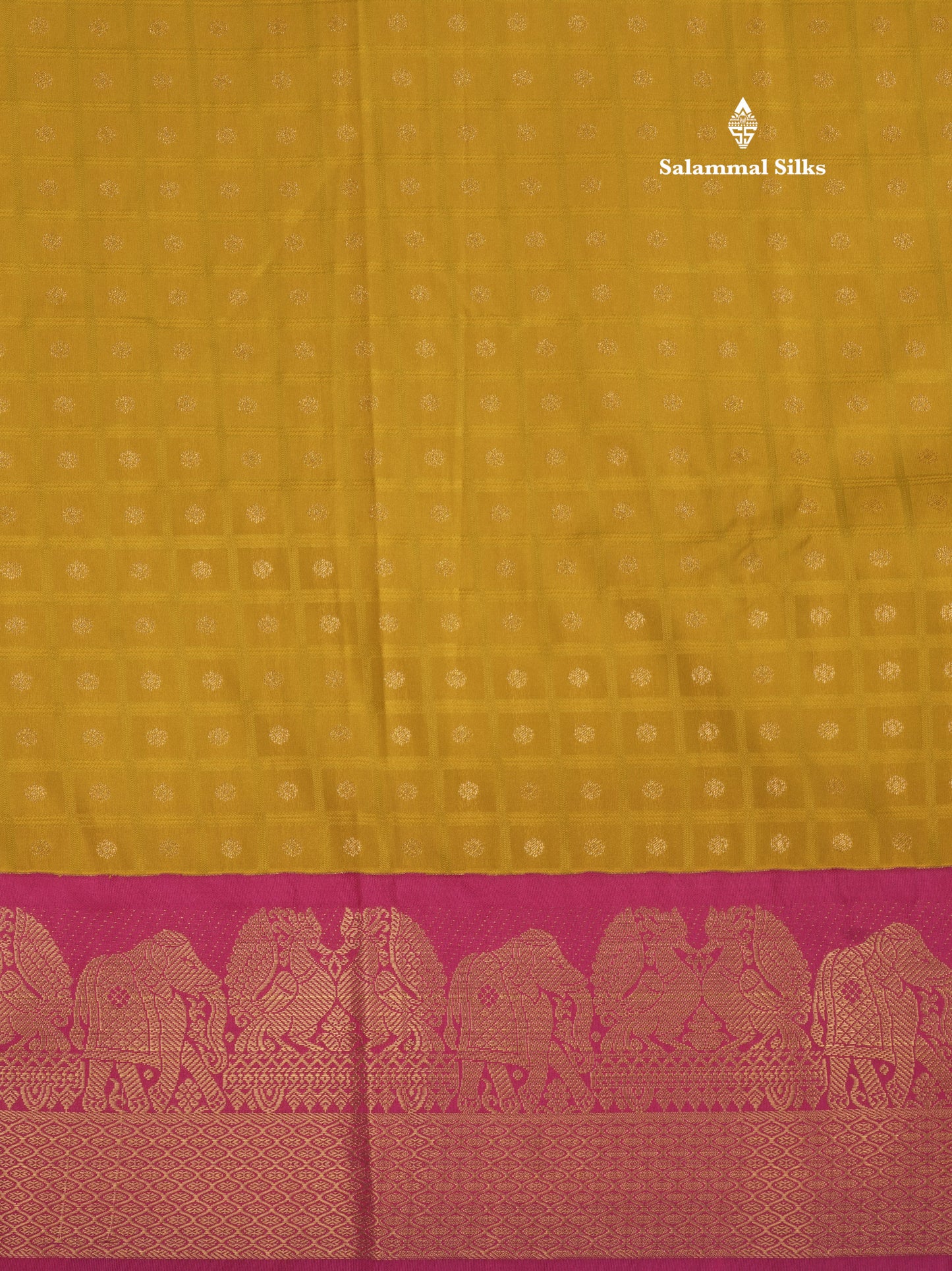 1000 Buttas Mustard Yellow Semi Silk Saree With Contrast Pink Traditional Border