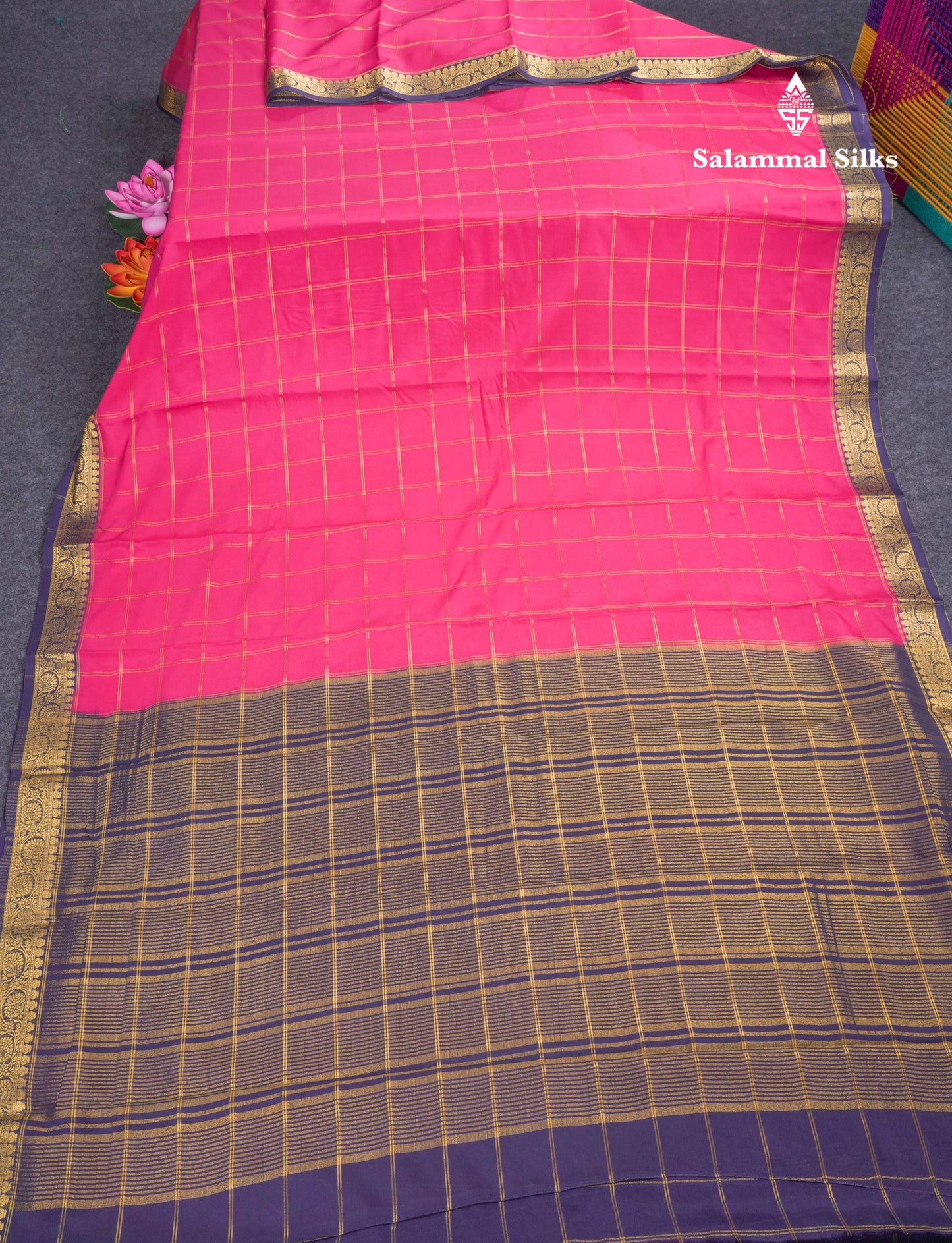 Sapphire Blue Semi Mysore Crepe Saree With Contrast Navy Blue Small Border