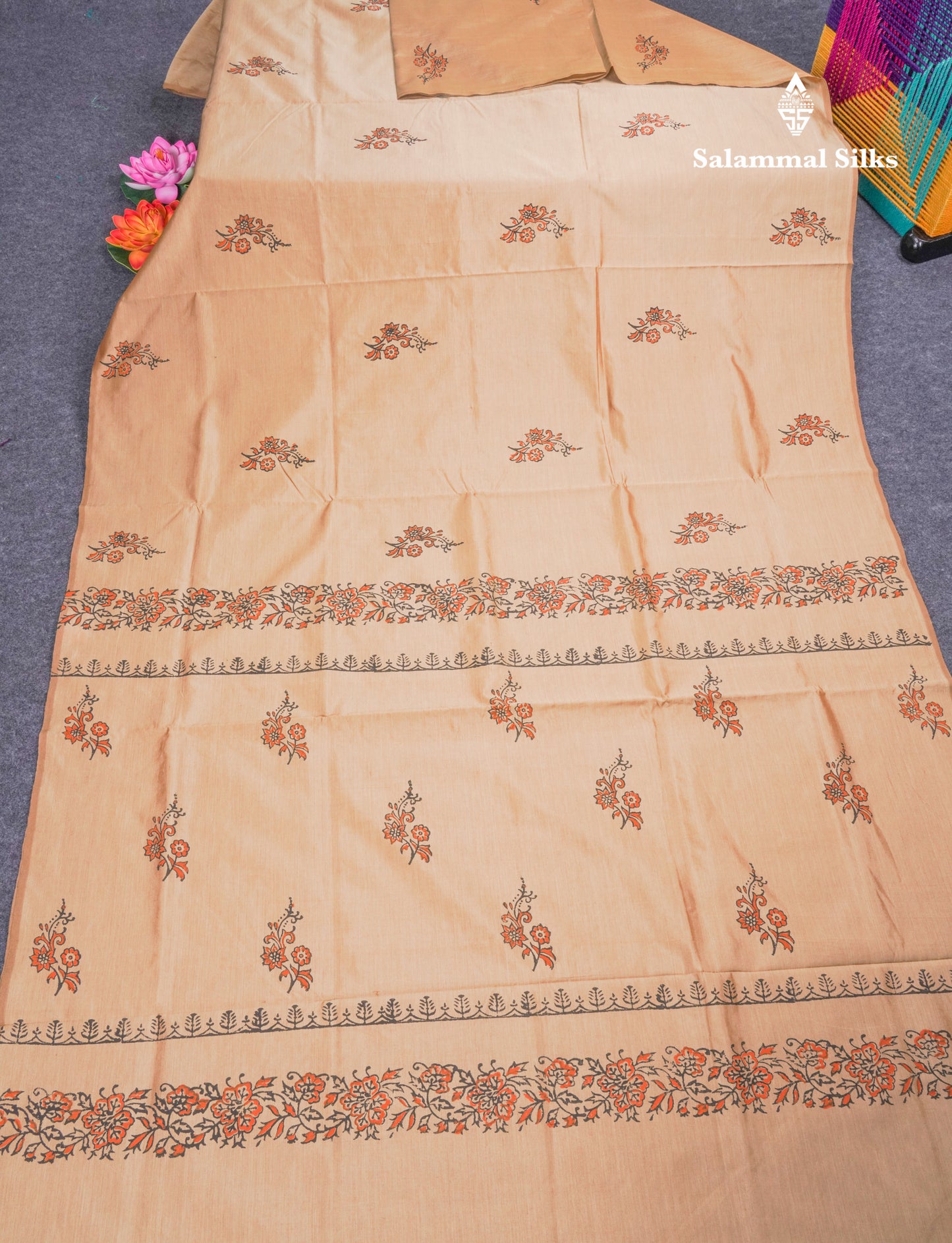 Sandal South Cotton Printed Saree With Contrast Orange Blouse