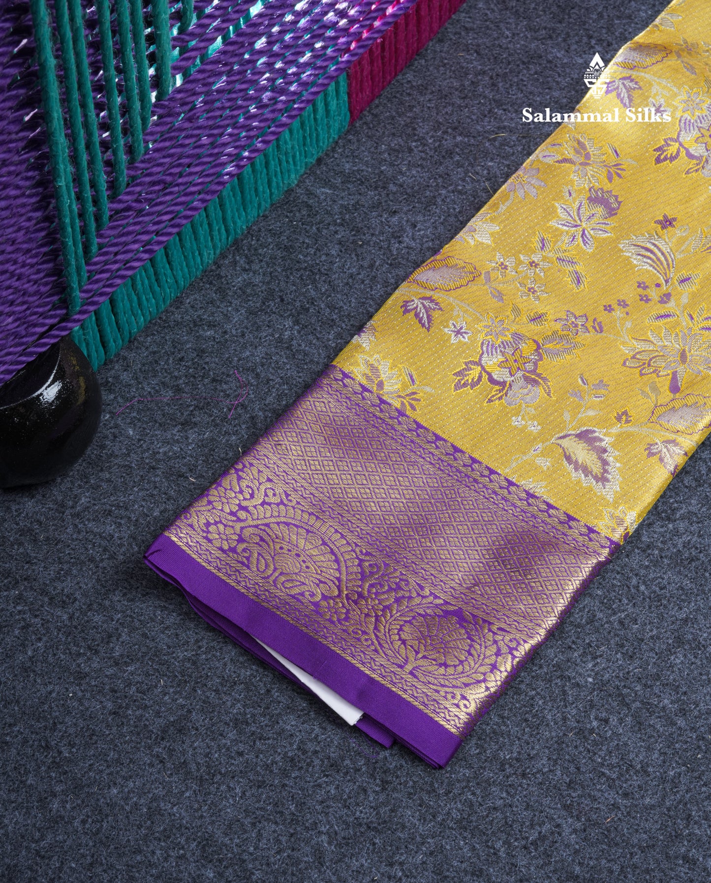 Pure Silk Pattu Pavadai Tissue (Gold) With Purple Blouse 21.6"