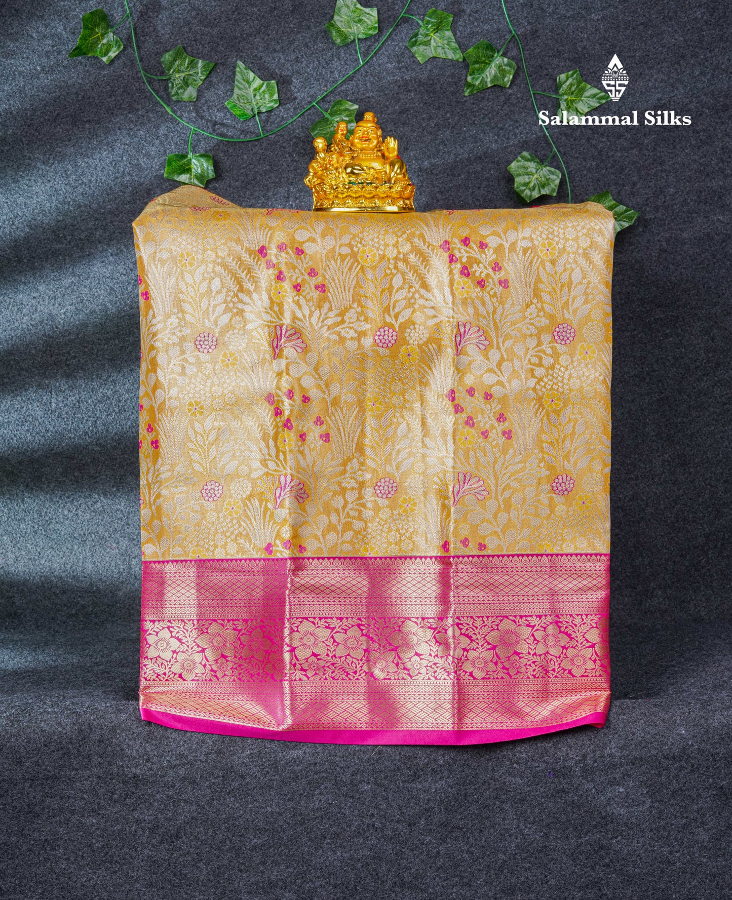 Semi Silk Pattu Pavadai Tissue (Sandal) with Pink Blouse 27"
