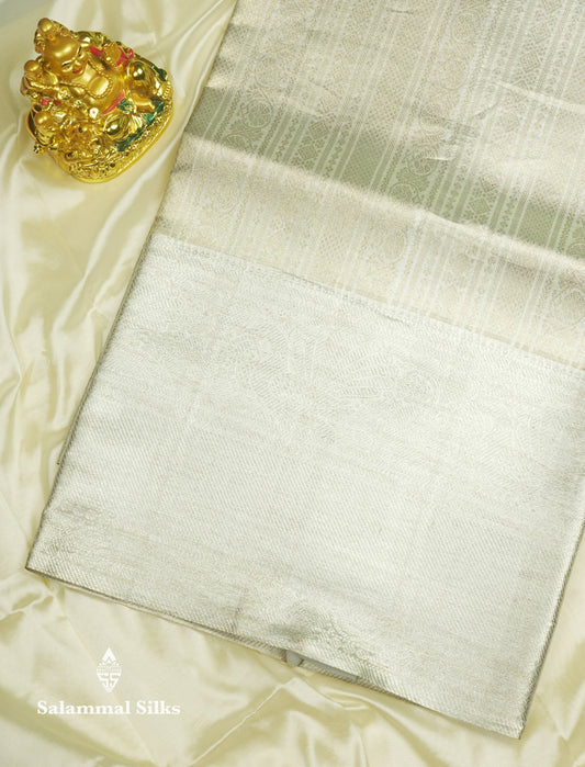 Beautiful Silver Colour Tissue Pure Kanjivaram Silk Saree (2G) Zari With Self Border