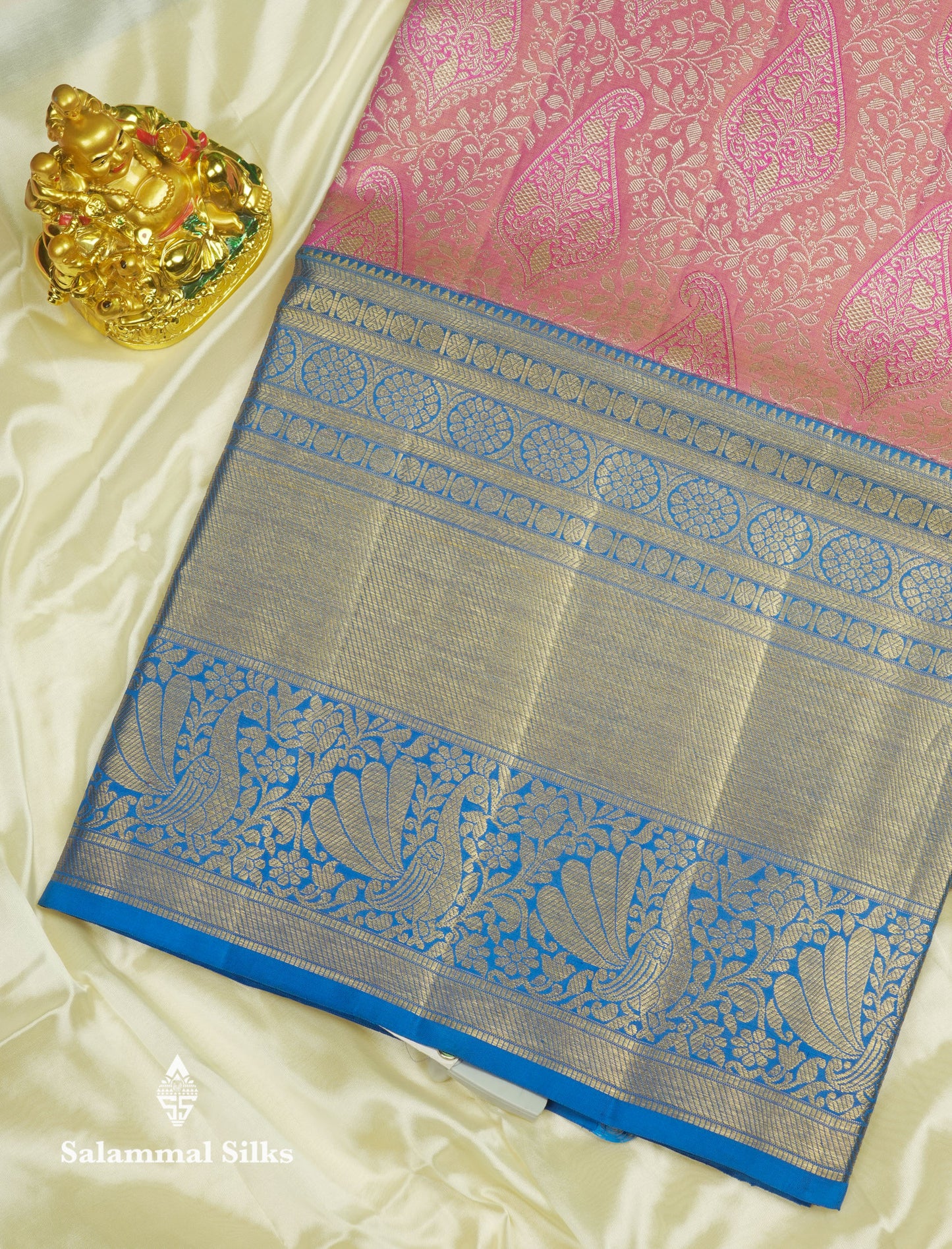 Beautiful Pink Tissue Pure Kanjivaram Silk Saree (2G) Zari With Contrast Royal Blue Border
