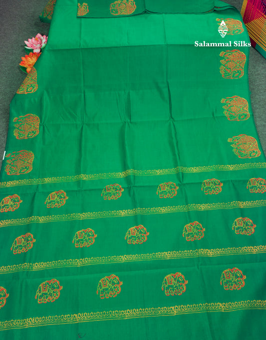 Bottle Green South Cotton Printed Saree With Contrast Manthulir Yellow Blouse