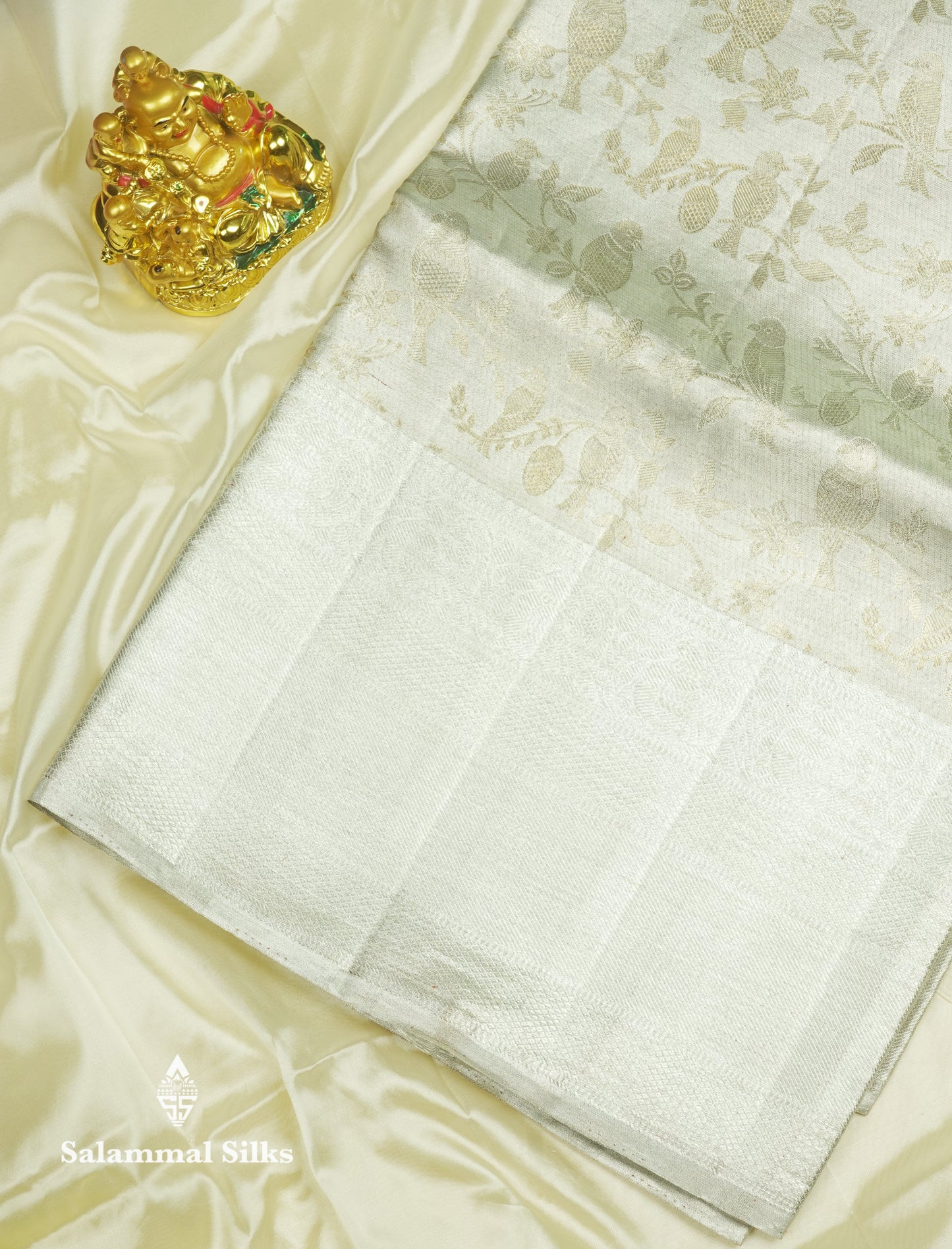 Beautiful Silver Colour Tissue Pure Kanjivaram Silk Saree (2G) Zari With Self Border