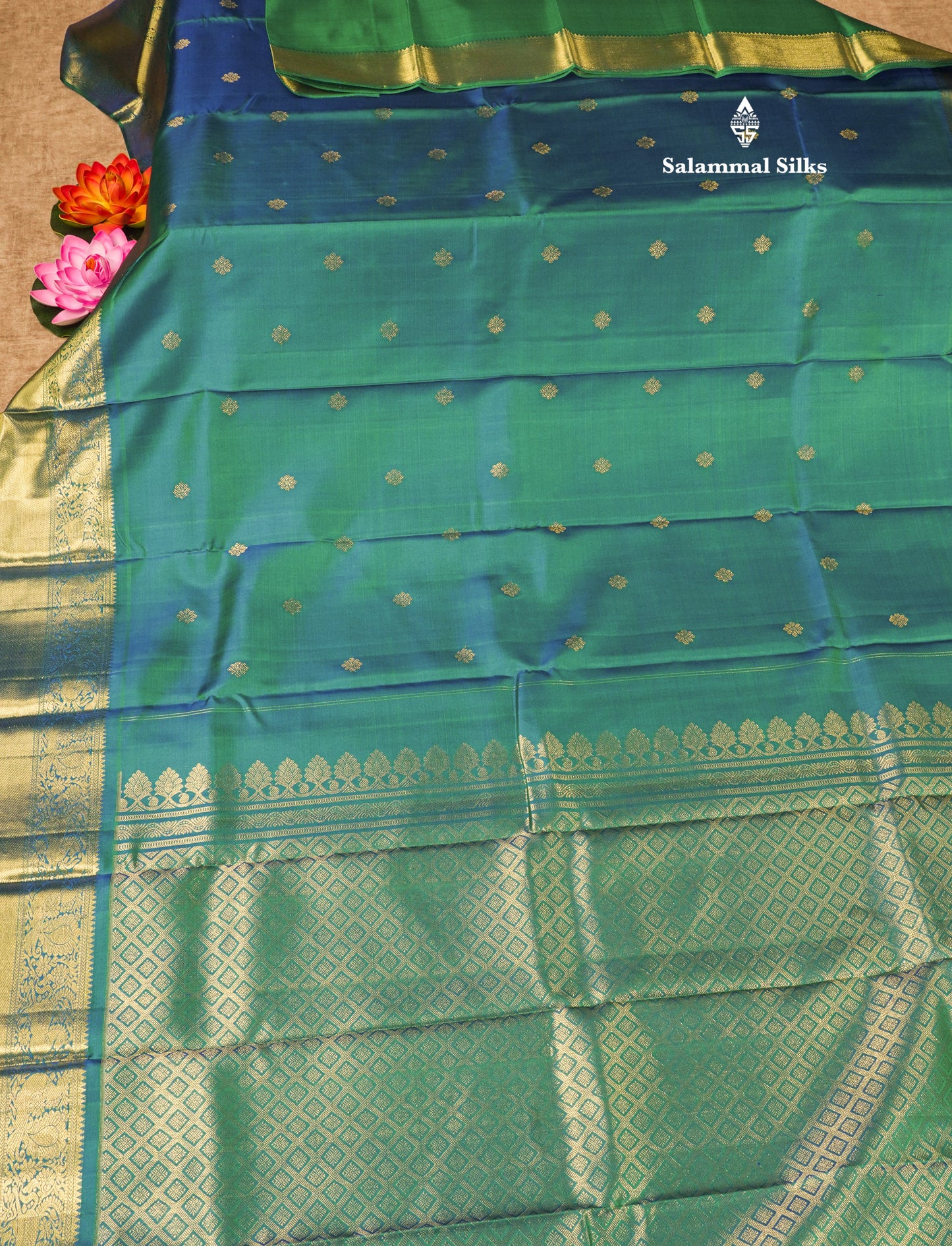 Dual tone Peacock Blue Pure Kanjivaram Silk Saree with Traditional Gold Zari Border