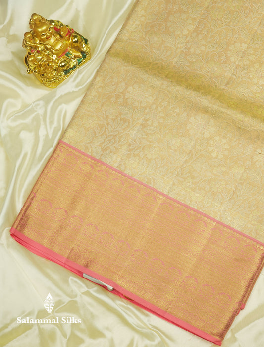 Light Peach Tissue Bridal Pure Kanjivaram Silk Saree With Contrast Pinkish Peach Border