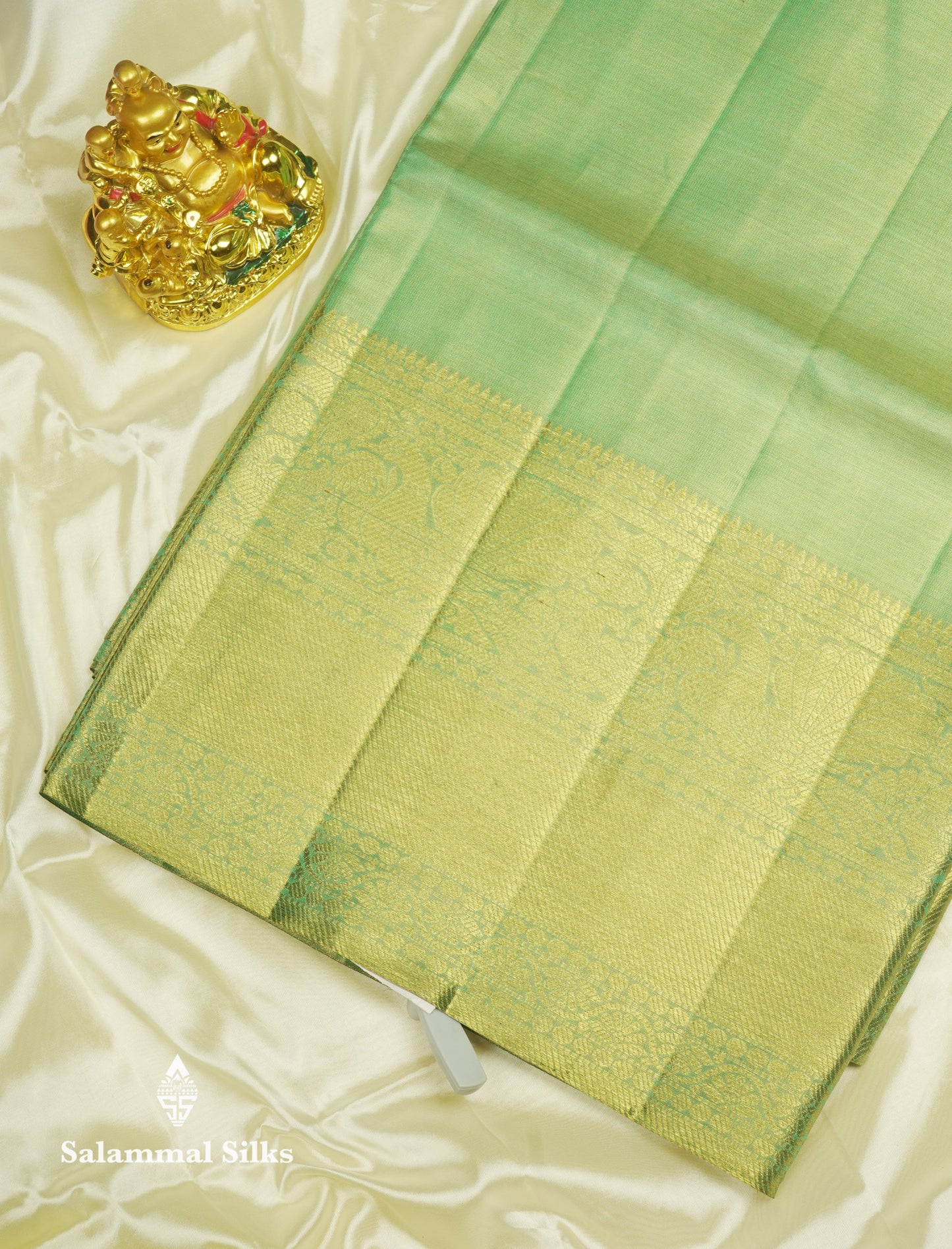 Beautiful Light Green Tissue Plain Pure Kanjivaram Silk Saree (2G) Zari With Self Border