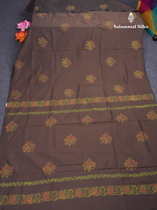 Brown South Cotton Printed Saree With Contrast Orange Blouse