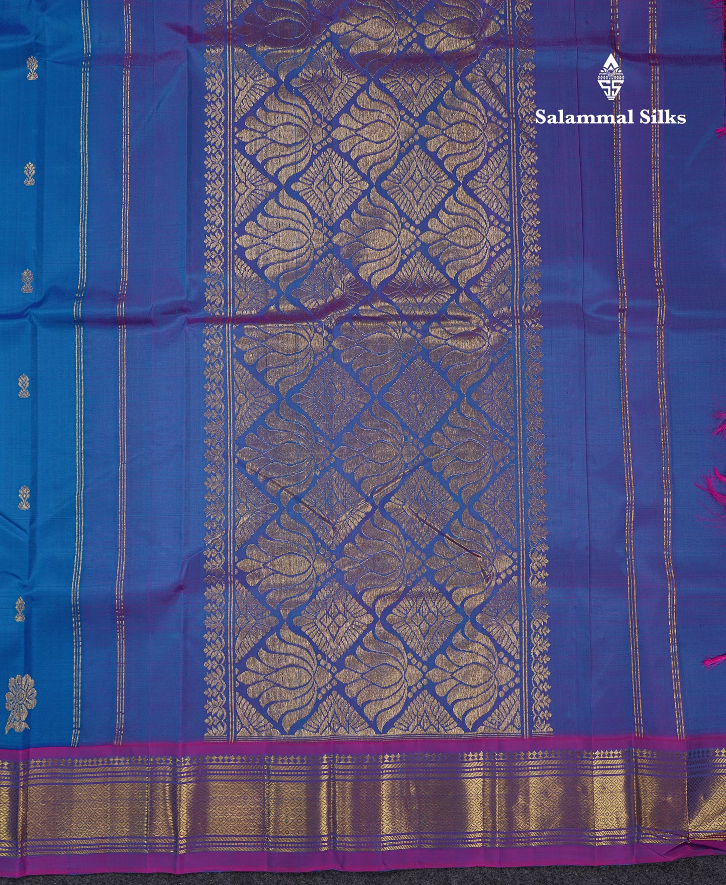 Beautiful Blue Pure Kanjivaram Silk Saree With Contrast Magenta Pink Traditional One Side Border