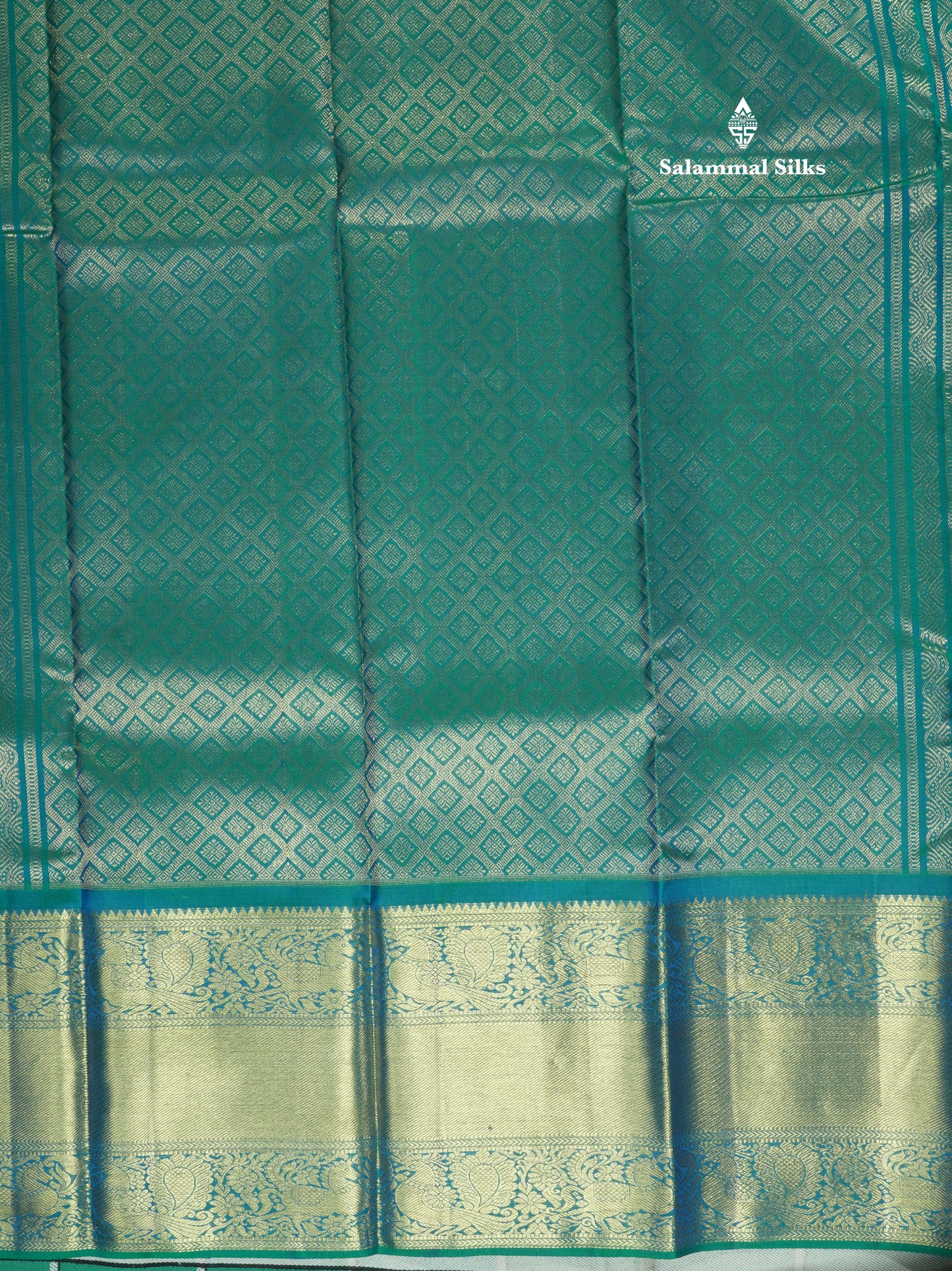 Dual tone Peacock Blue Pure Kanjivaram Silk Saree with Traditional Gold Zari Border