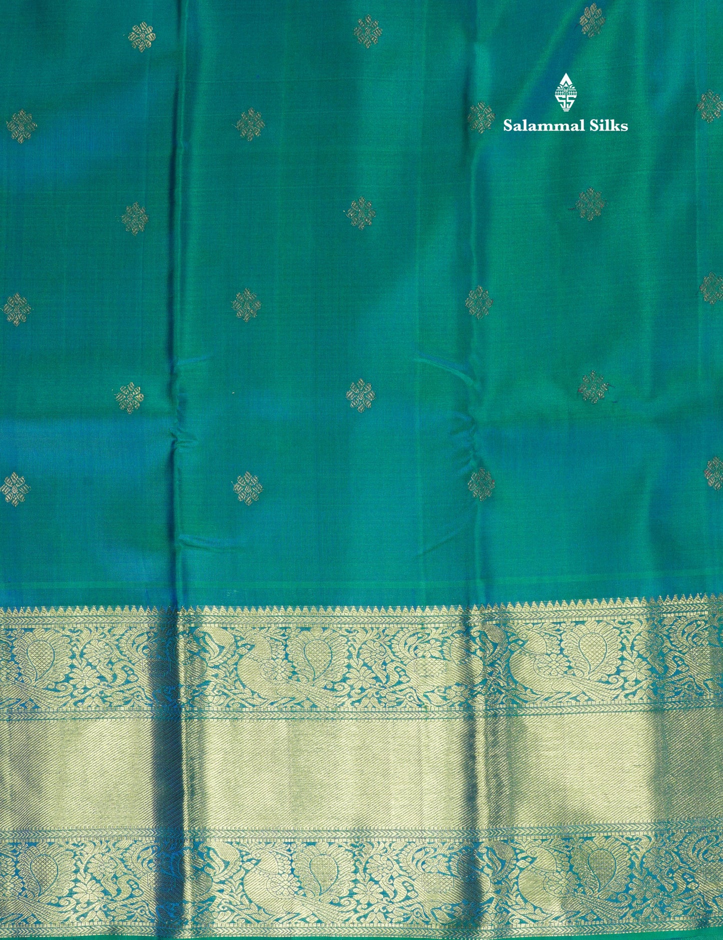 Dual tone Peacock Blue Pure Kanjivaram Silk Saree with Traditional Gold Zari Border