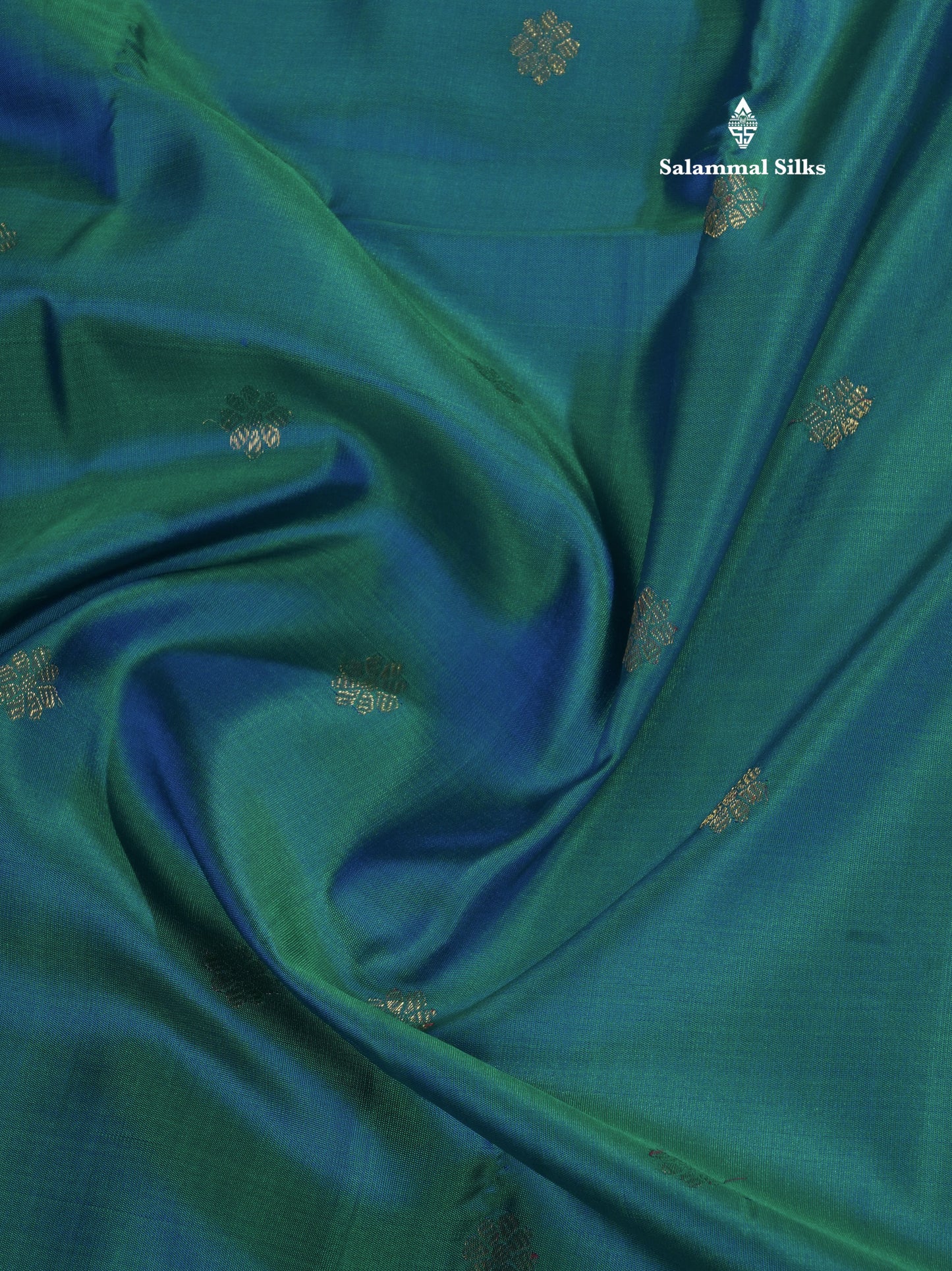Dual tone Peacock Blue Pure Kanjivaram Silk Saree with Traditional Gold Zari Border