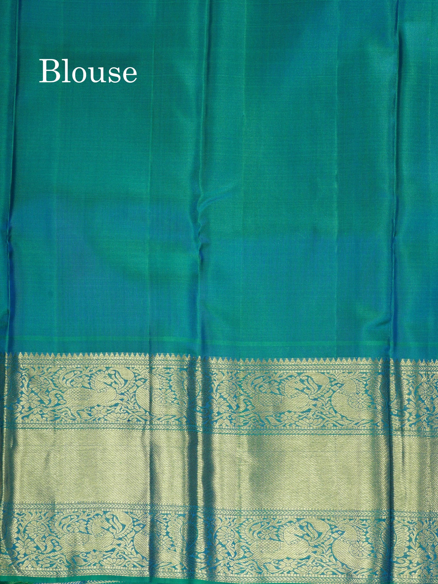 Dual tone Peacock Blue Pure Kanjivaram Silk Saree with Traditional Gold Zari Border