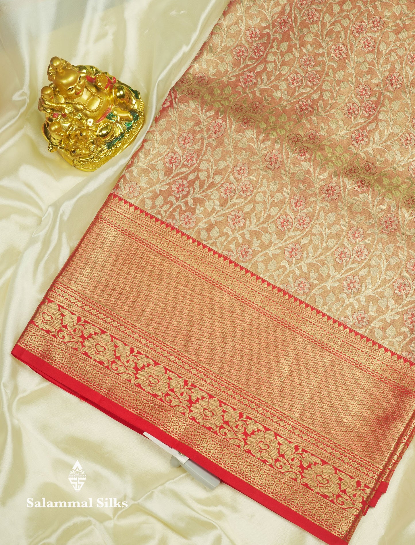 Light Orange Tissue Bridal Pure Kanjivaram Silk Saree With With Contrast Red Border