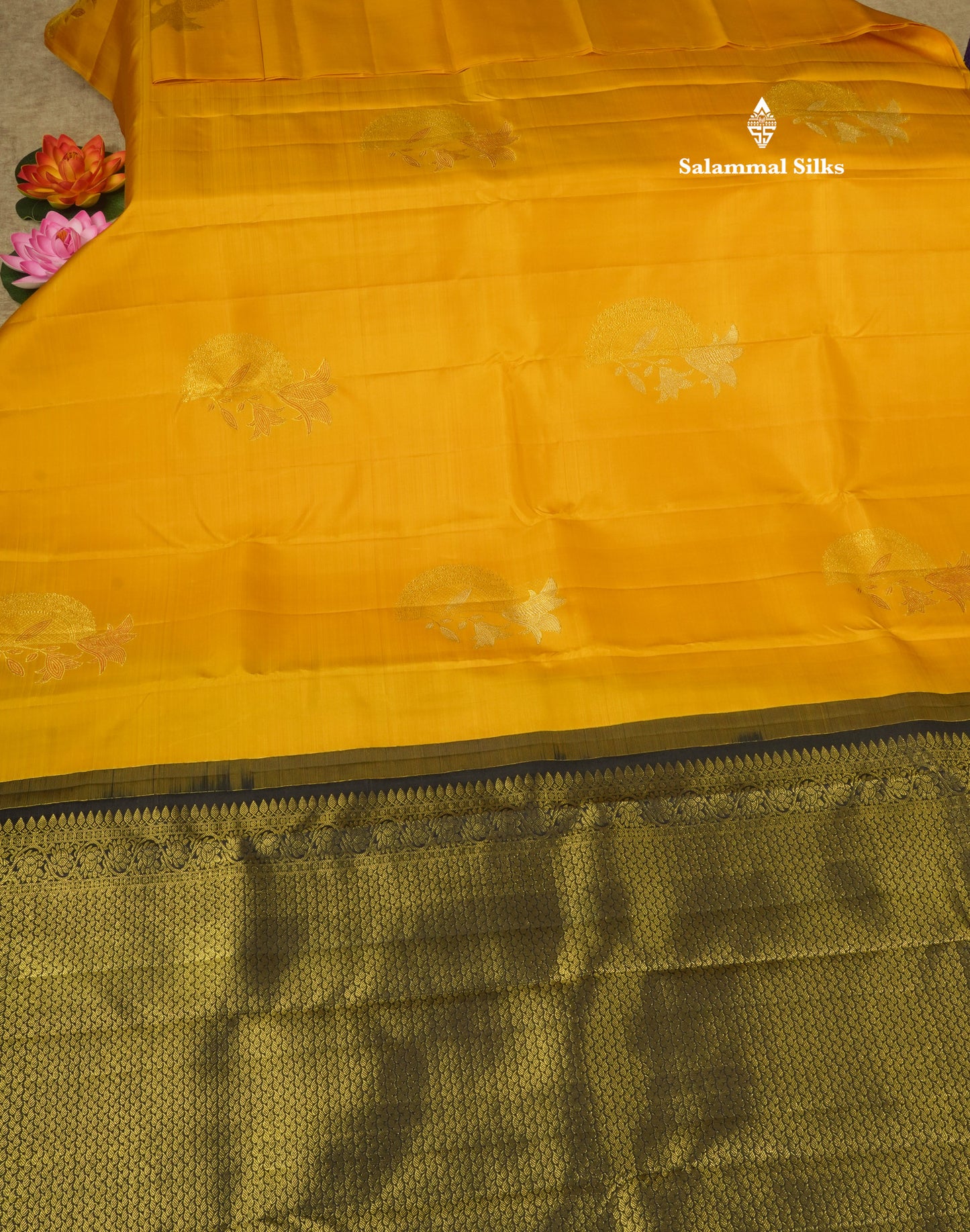 Mustard Yellow Fancy Pure Kanjivaram Silk Saree with Contrast Blouse