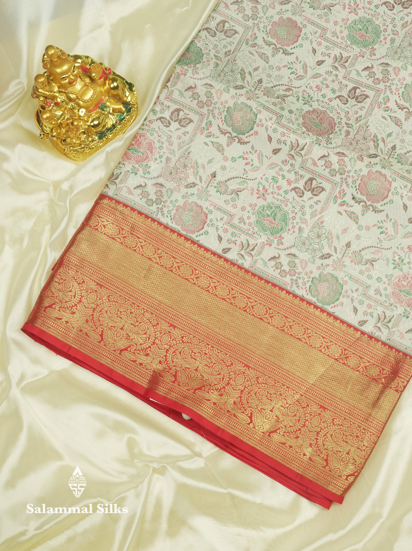 Beautiful Meenakari work White Bridal Pure Kanjivaram Silk Saree With Contrast Chilly Red Border