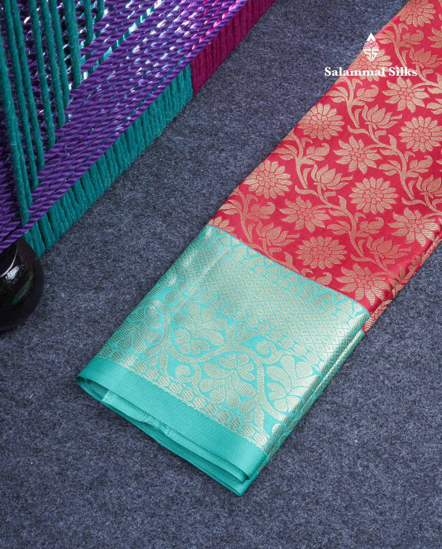 Semi Silk Pattu Pavadai ( Chilly Red ) With Sapphire Green Blouse 21"