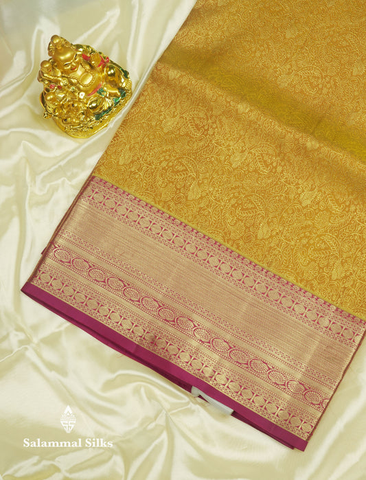 Mustard Yellow Bridal Pure Kanjivaram Silk Saree With Contrast Magenta Border