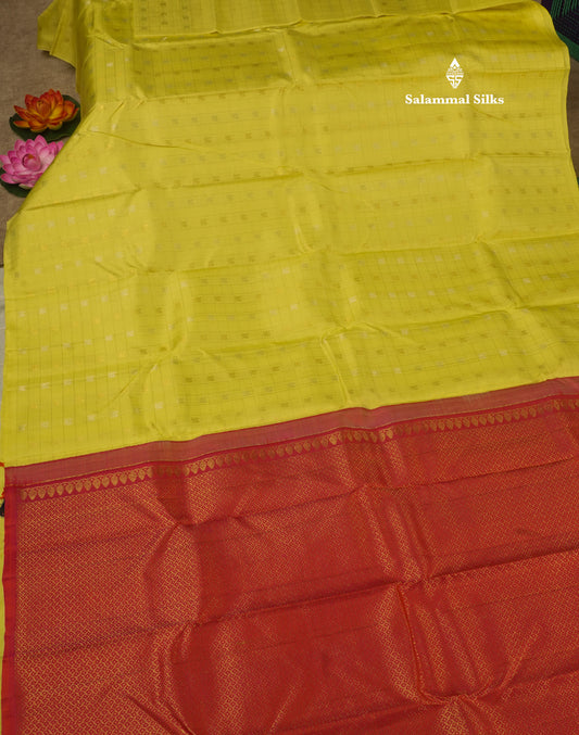 Lemon Yellow Zari Small Checks Pure Kanjivaram Silk Saree with Contrast Blouse
