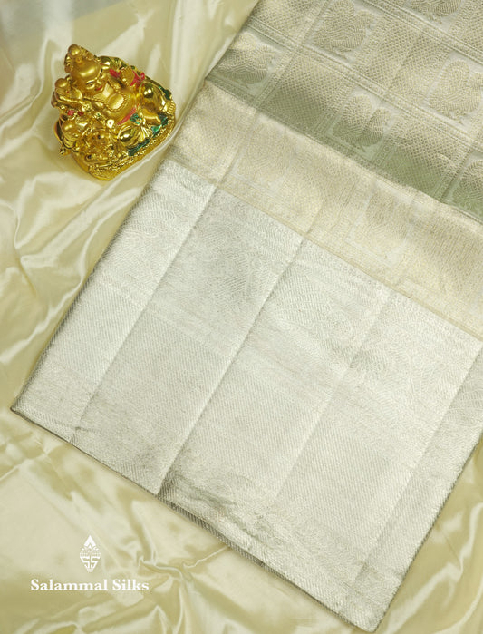 Beautiful Silver Colour Checks With Peacock Butta Tissue Pure Kanjivaram Silk Saree (2G) Zari With Self Border