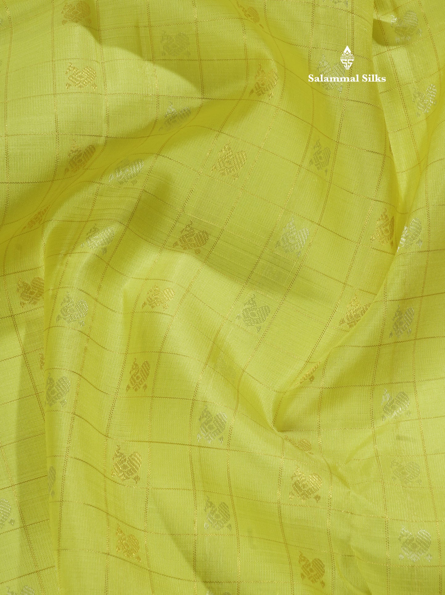 Lemon Yellow Zari Small Checks Pure Kanjivaram Silk Saree with Contrast Blouse