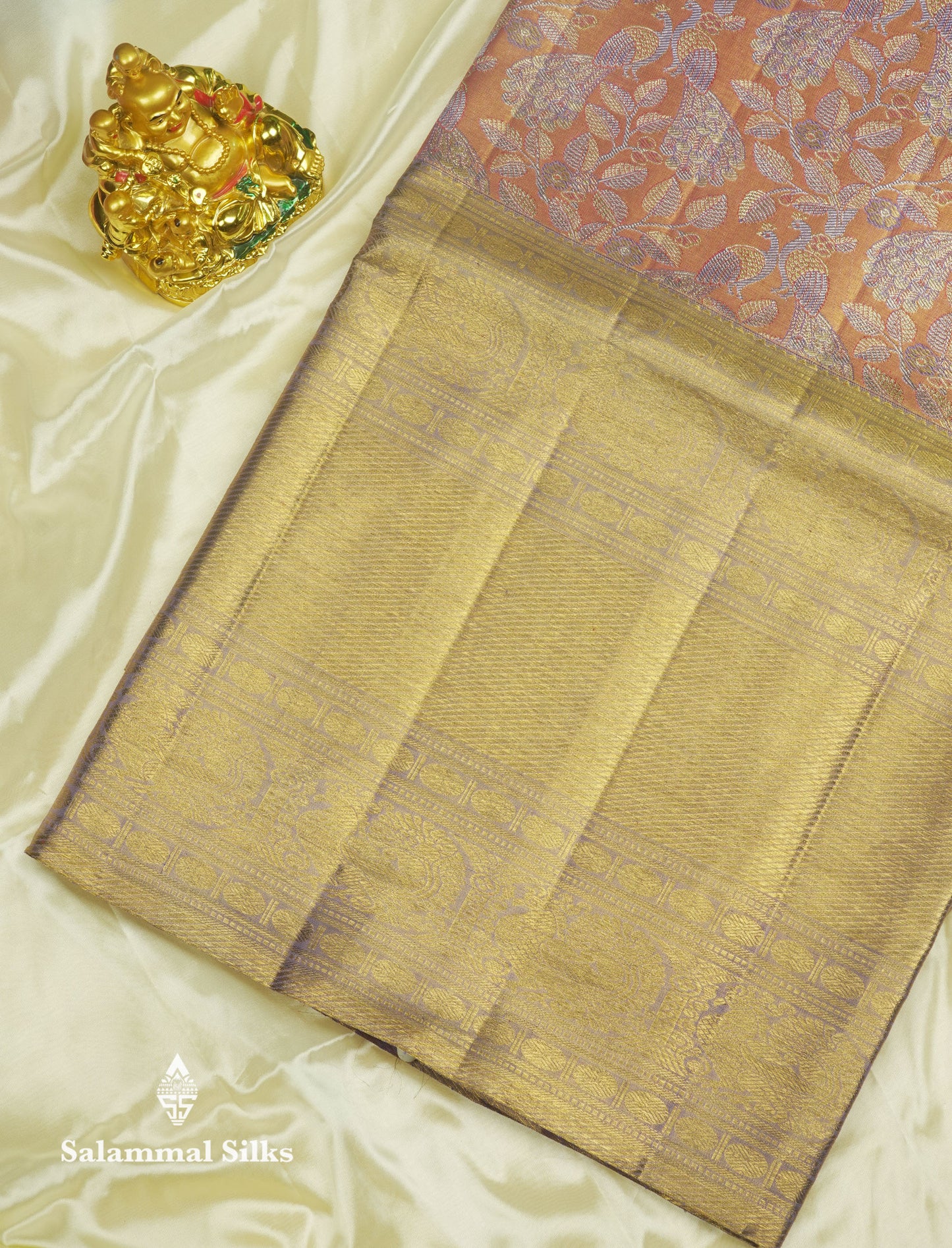 Beautiful Orange Tissue Pure Kanjivaram Silk Saree (2G) Zari With Contrast Lavender Border