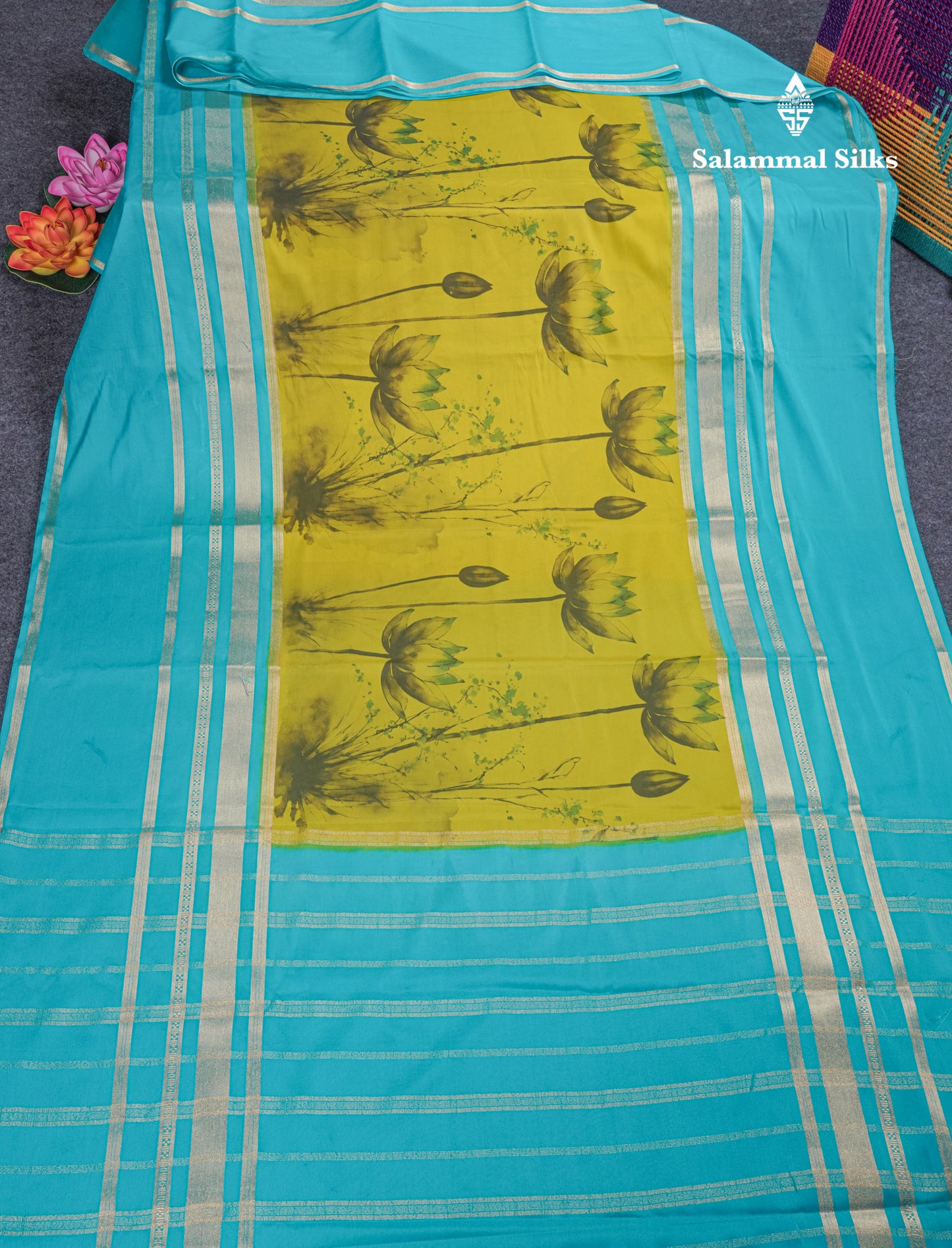 Manthulir Yellow Semi Mysore Crepe Saree With Contrast Sapphire Blue Long Gap Border