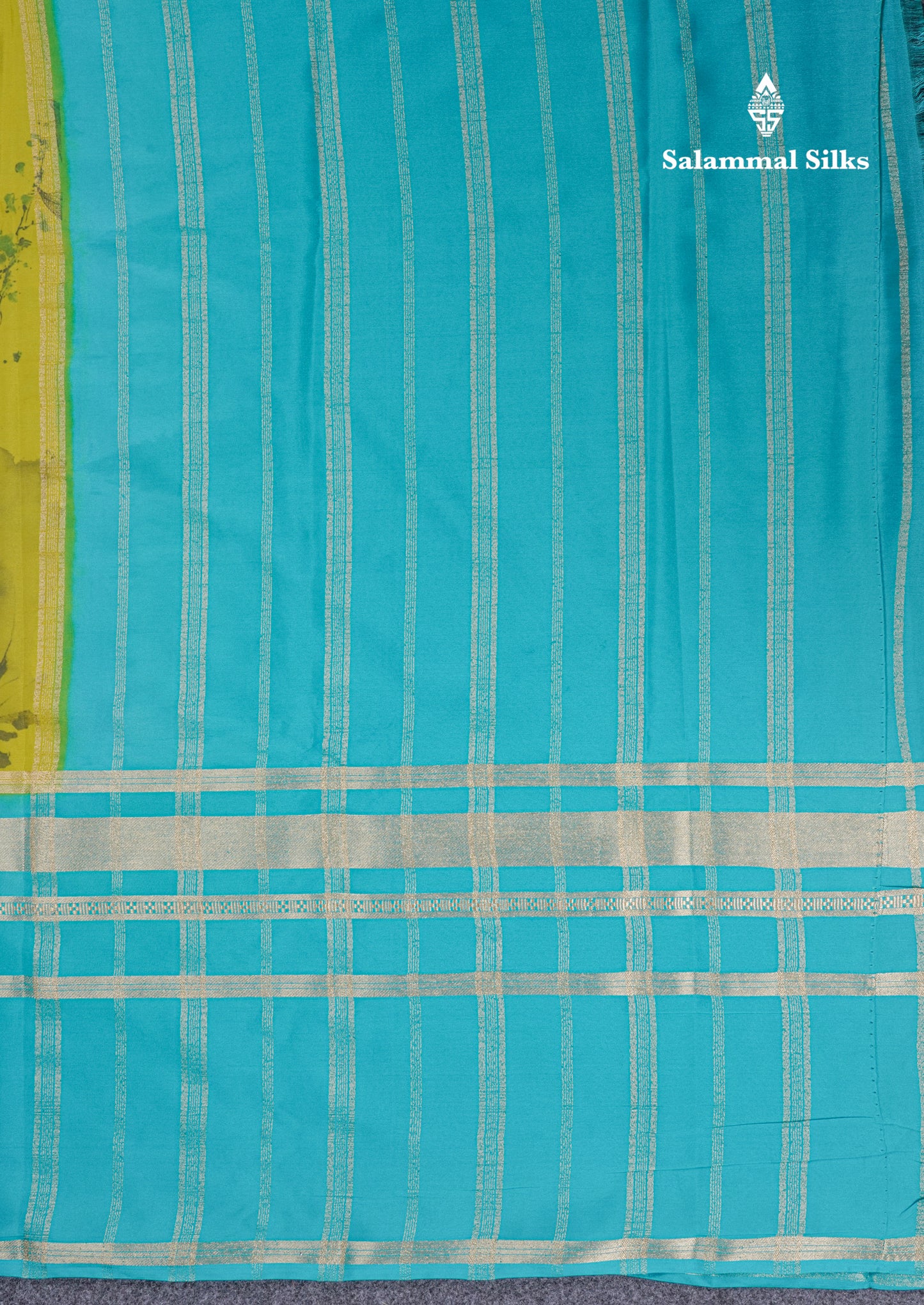 Manthulir Yellow Semi Mysore Crepe Saree With Contrast Sapphire Blue Long Gap Border