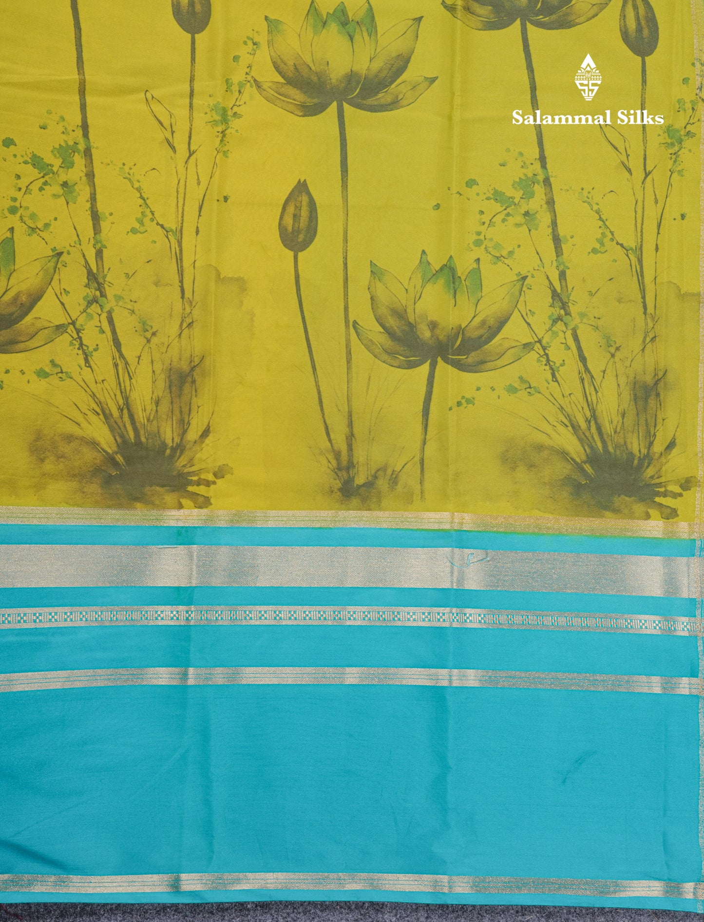 Manthulir Yellow Semi Mysore Crepe Saree With Contrast Sapphire Blue Long Gap Border