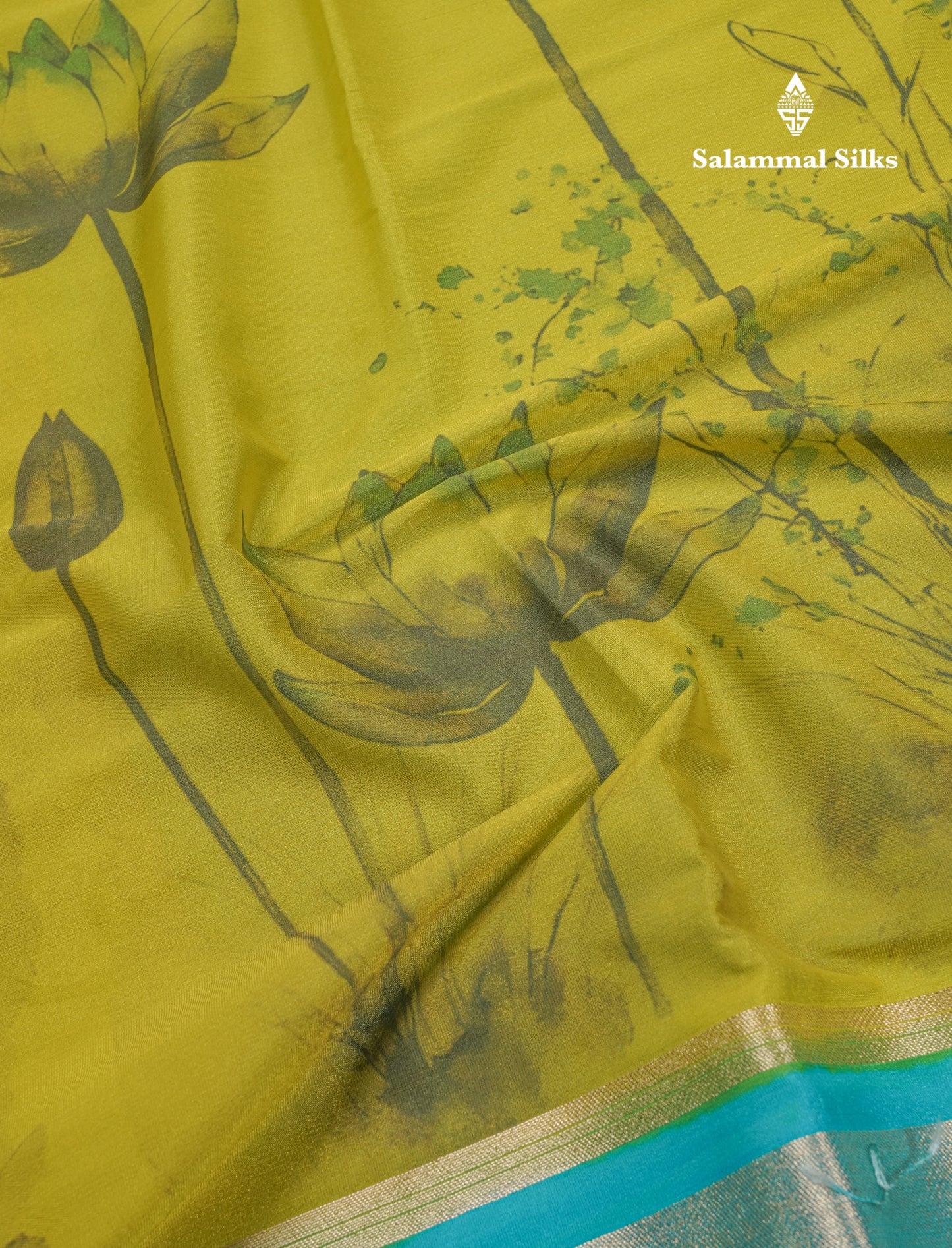 Manthulir Yellow Semi Mysore Crepe Saree With Contrast Sapphire Blue Long Gap Border