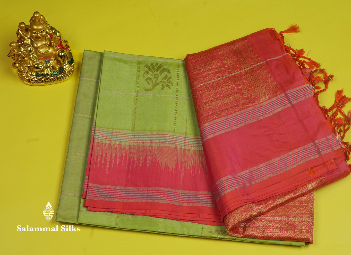 Beautiful Sea Green Pure Kanjivaram Soft Silk Saree With Contrast Pinkish Orange Border