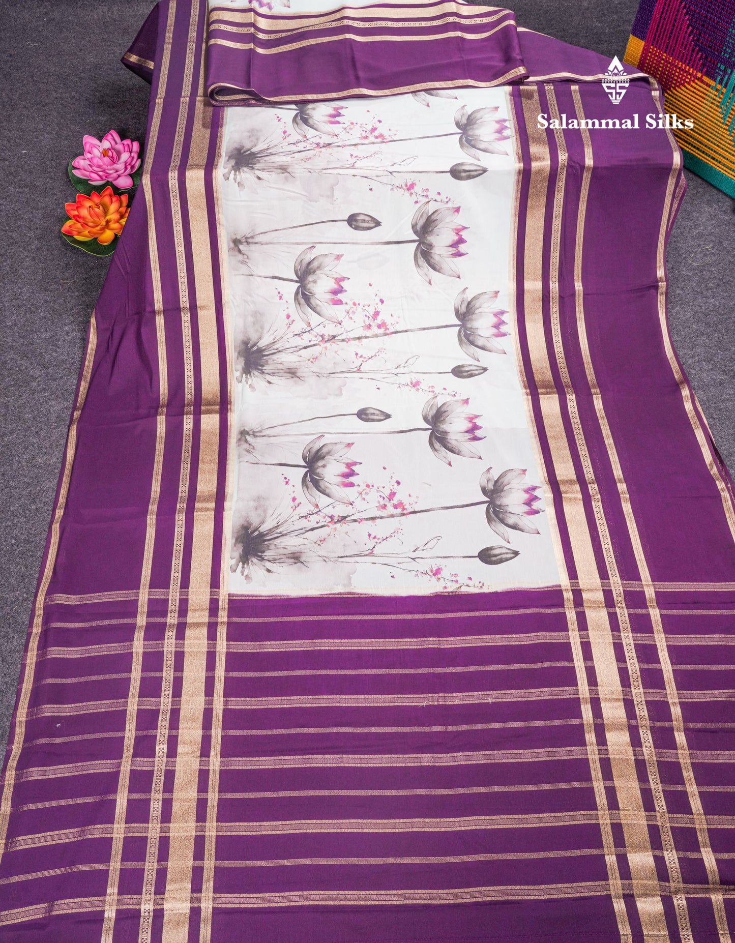 Manthulir Yellow Semi Mysore Crepe Saree With Contrast Sapphire Blue Long Gap Border