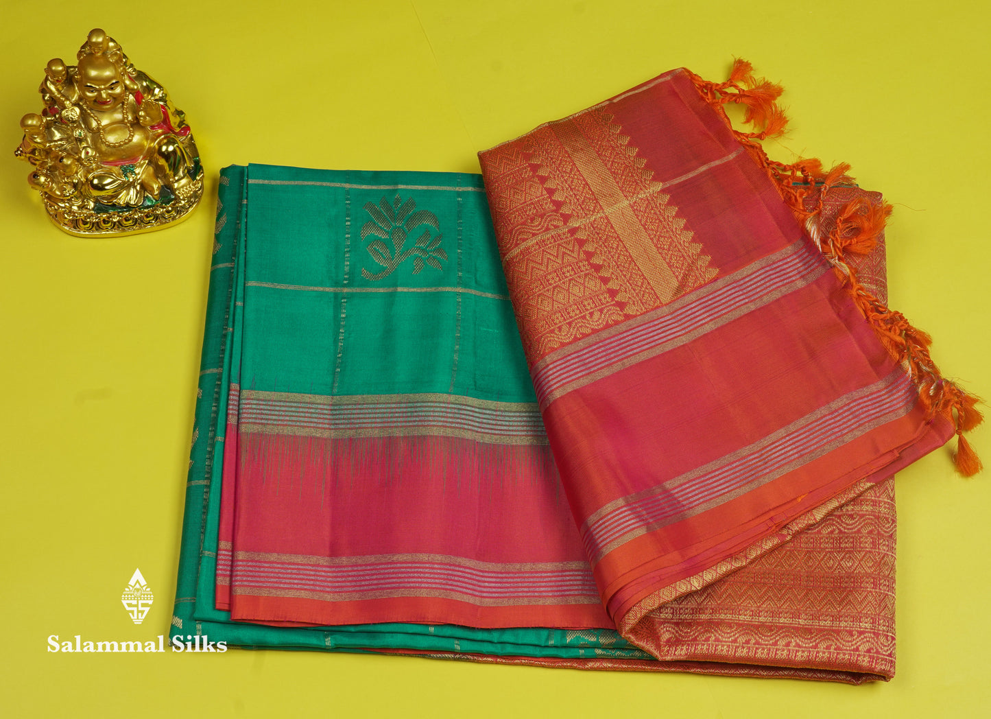 Beautiful Sea Green Pure Kanjivaram Soft Silk Saree With Contrast Pinkish Orange Border
