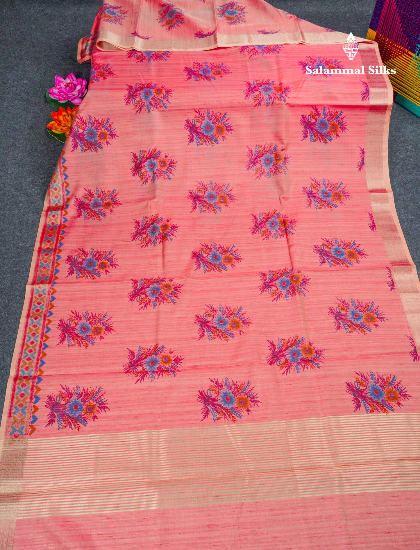 Elaichi Green Printed Cotton Mix Saree With Small Tissue Border