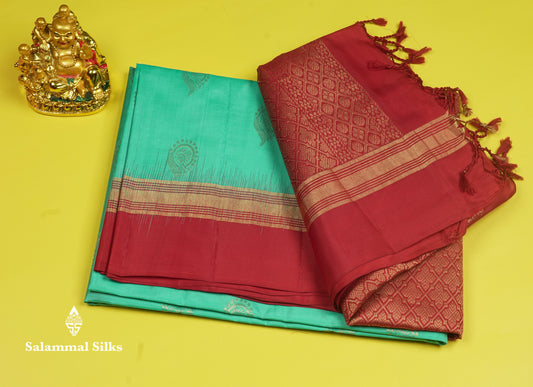 Beautiful Sea Green Pure Kanjivaram Soft Silk Saree With Contrast Maroon Border