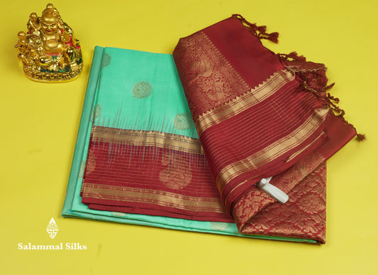 Beautiful Sea Blue Pure Kanjivaram Soft Silk Saree With Contrast Maroon Traditional Border