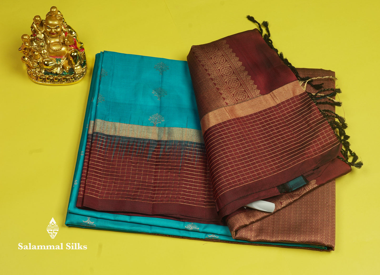Beautiful Sea Blue Pure Kanjivaram Soft Silk Saree With Contrast Navy Blue Zari Checks Border