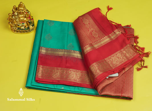 Beautiful Sapphire Blue Pure Kanjivaram Soft Silk Saree With Contrast Chilly Red Border