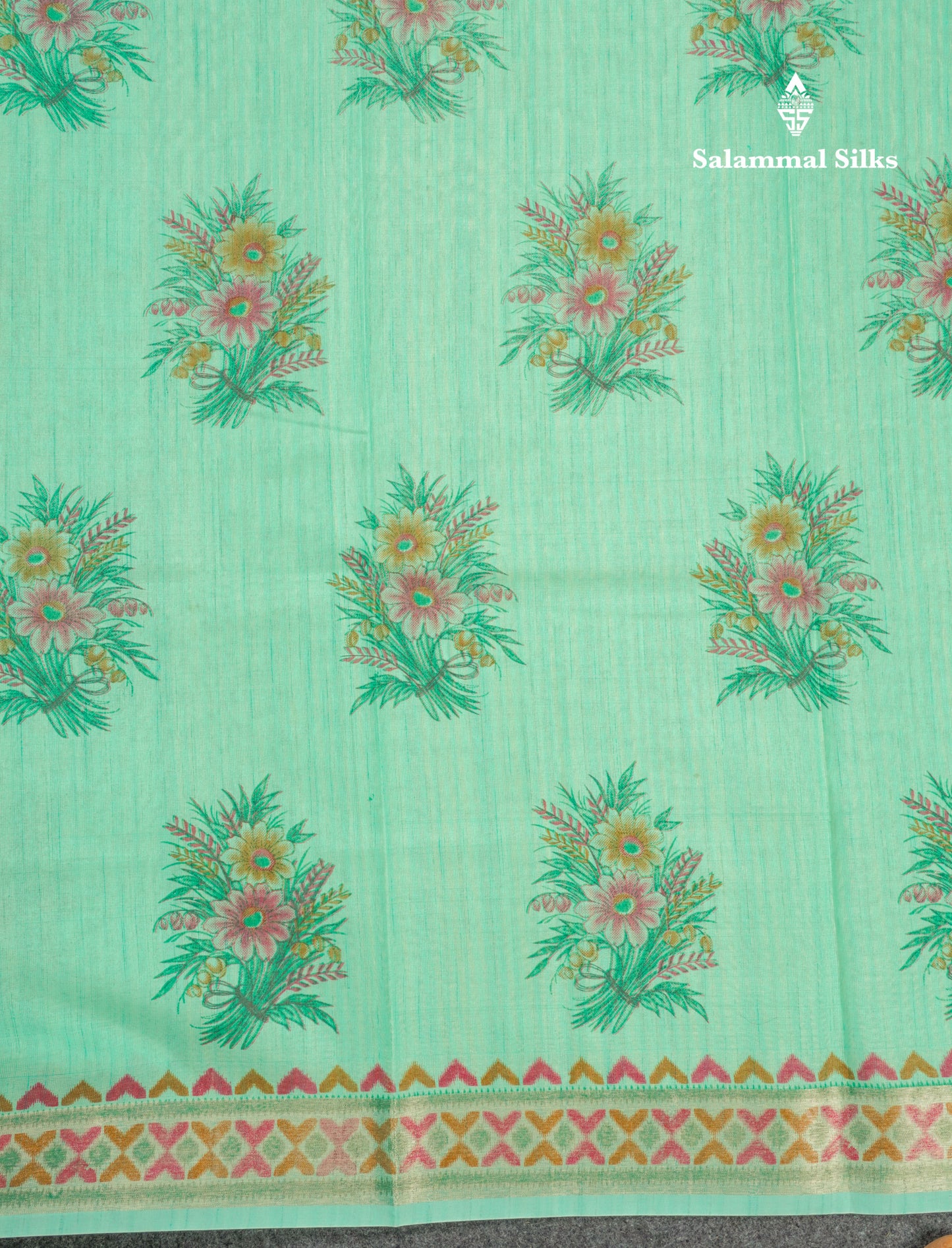 Elaichi Green Printed Cotton Mix Saree With Small Tissue Border