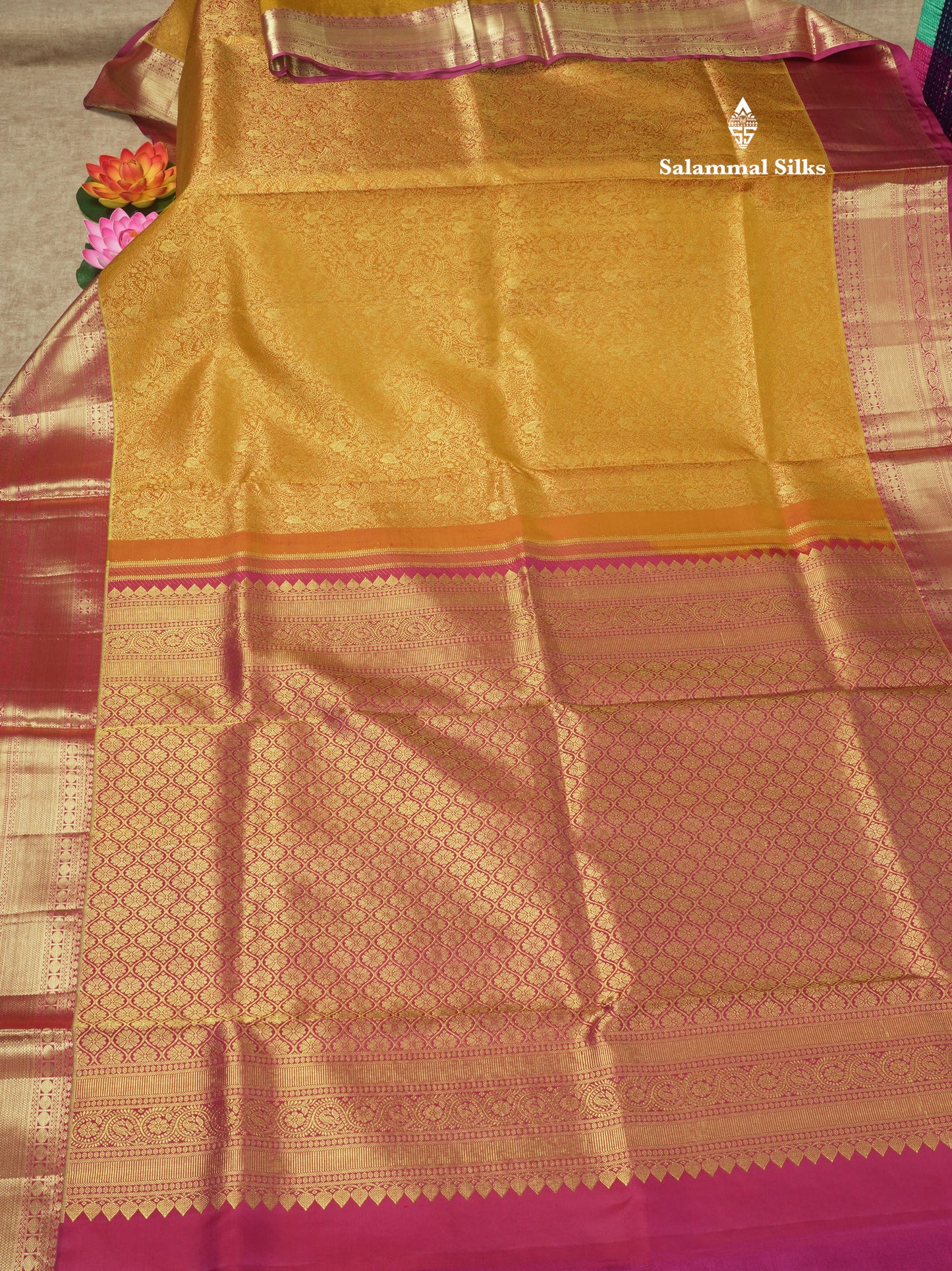 Mustard Yellow Bridal Pure Kanjivaram Silk Saree With Contrast Magenta Border