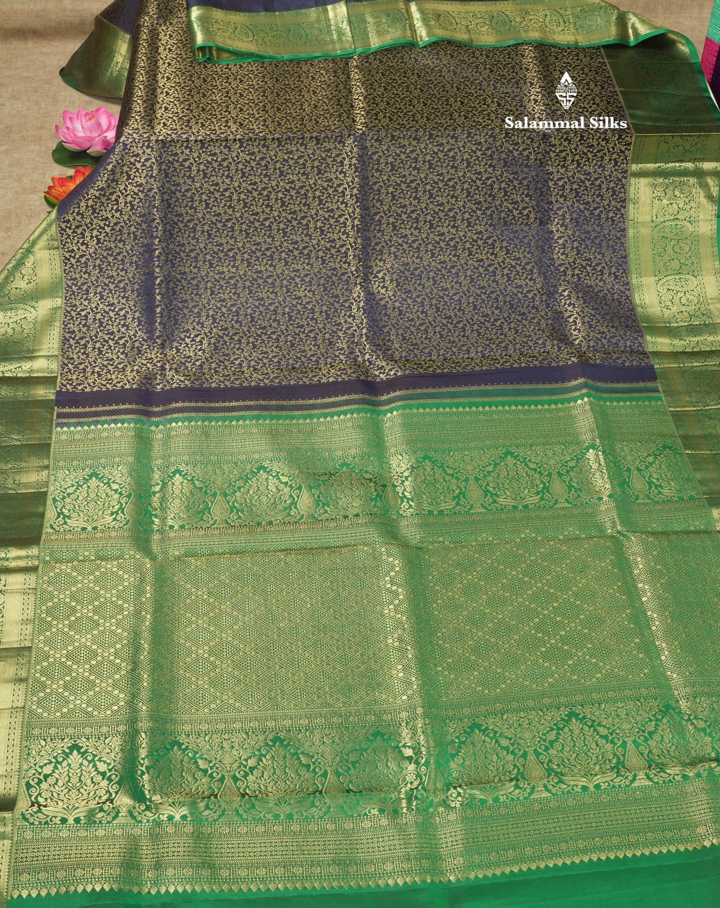 Navy Blue Bridal Pure Kanjivaram Silk Saree With Contrast Saffire Green Border