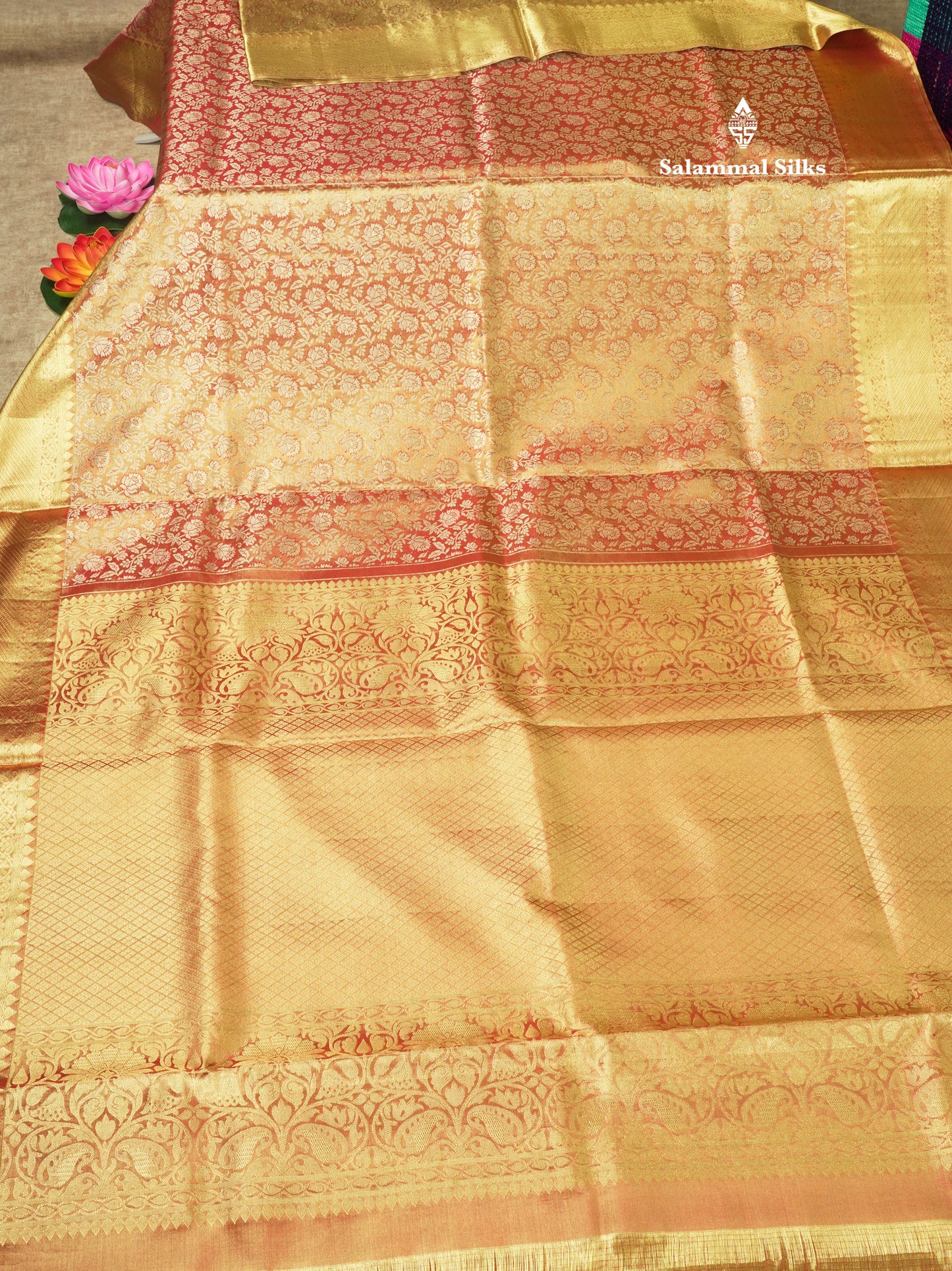 Orange Tissue Bridal Pure Kanjivaram Silk Saree With Self Border