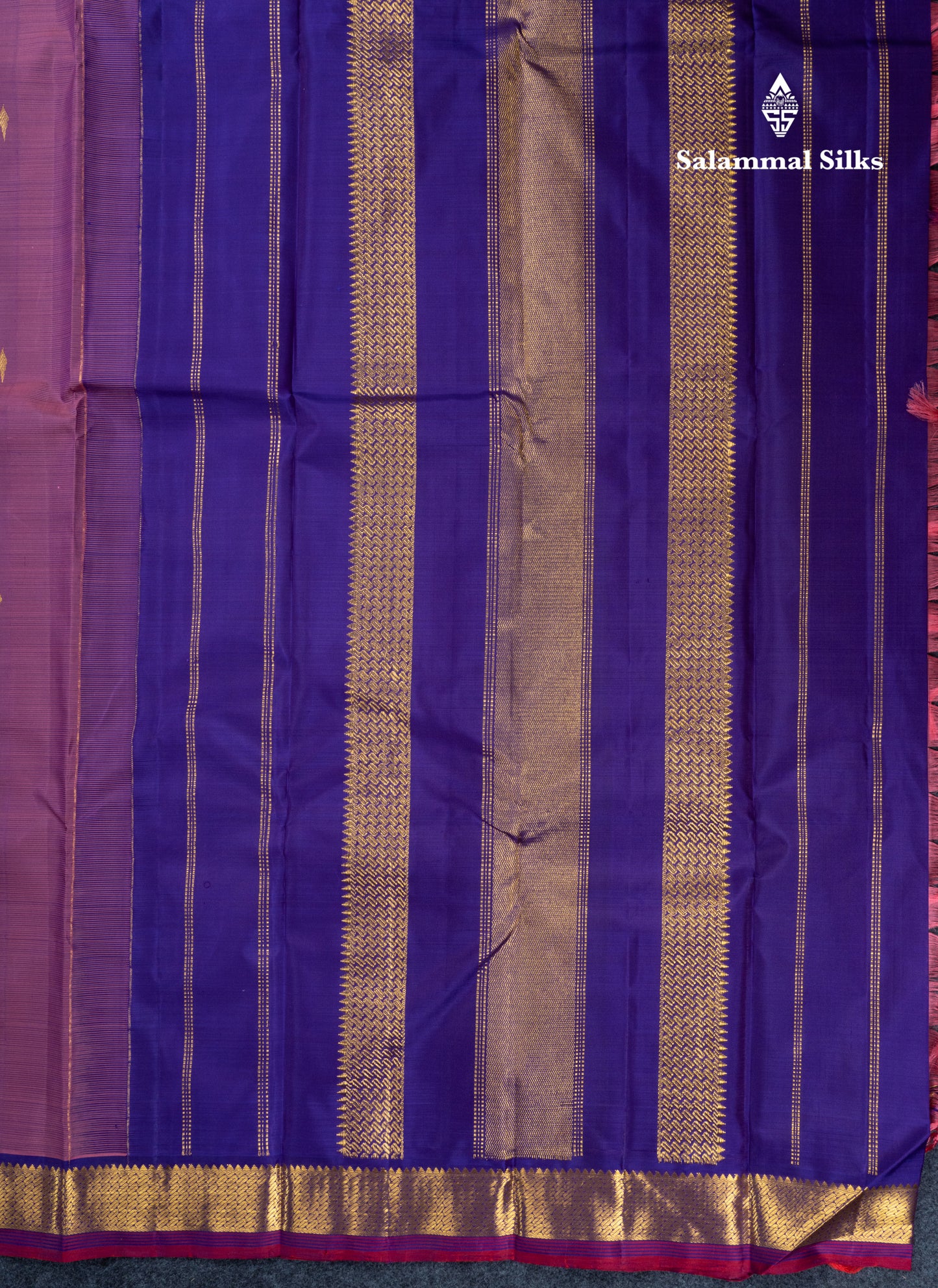Mustard Yellow Pure Kanjivaram Silk Saree With Contrast Dark Purple Small Traditional Border