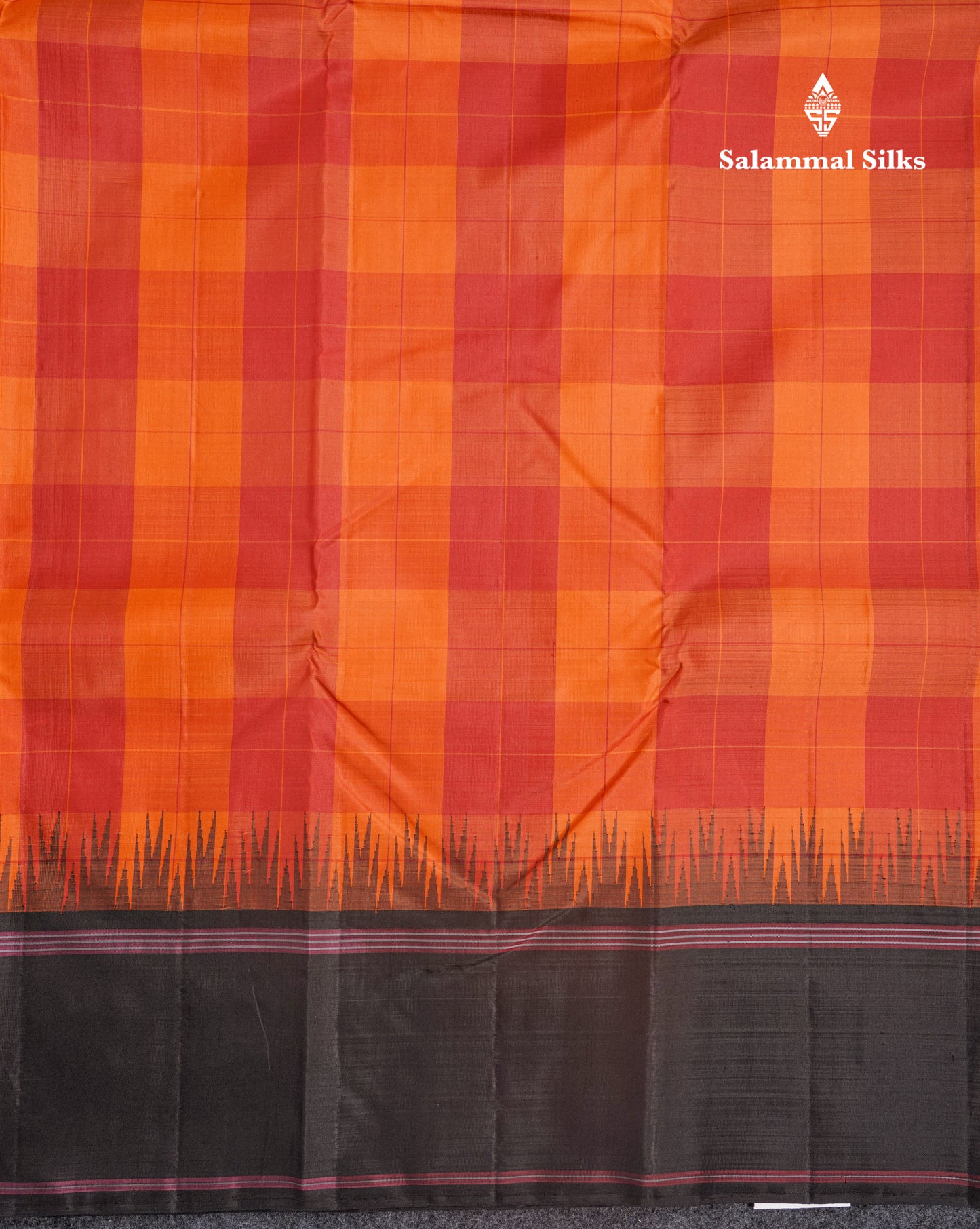 Multicolour Checks Kanjivaram Pure Silk Saree With Contrast Black Temple Double Border