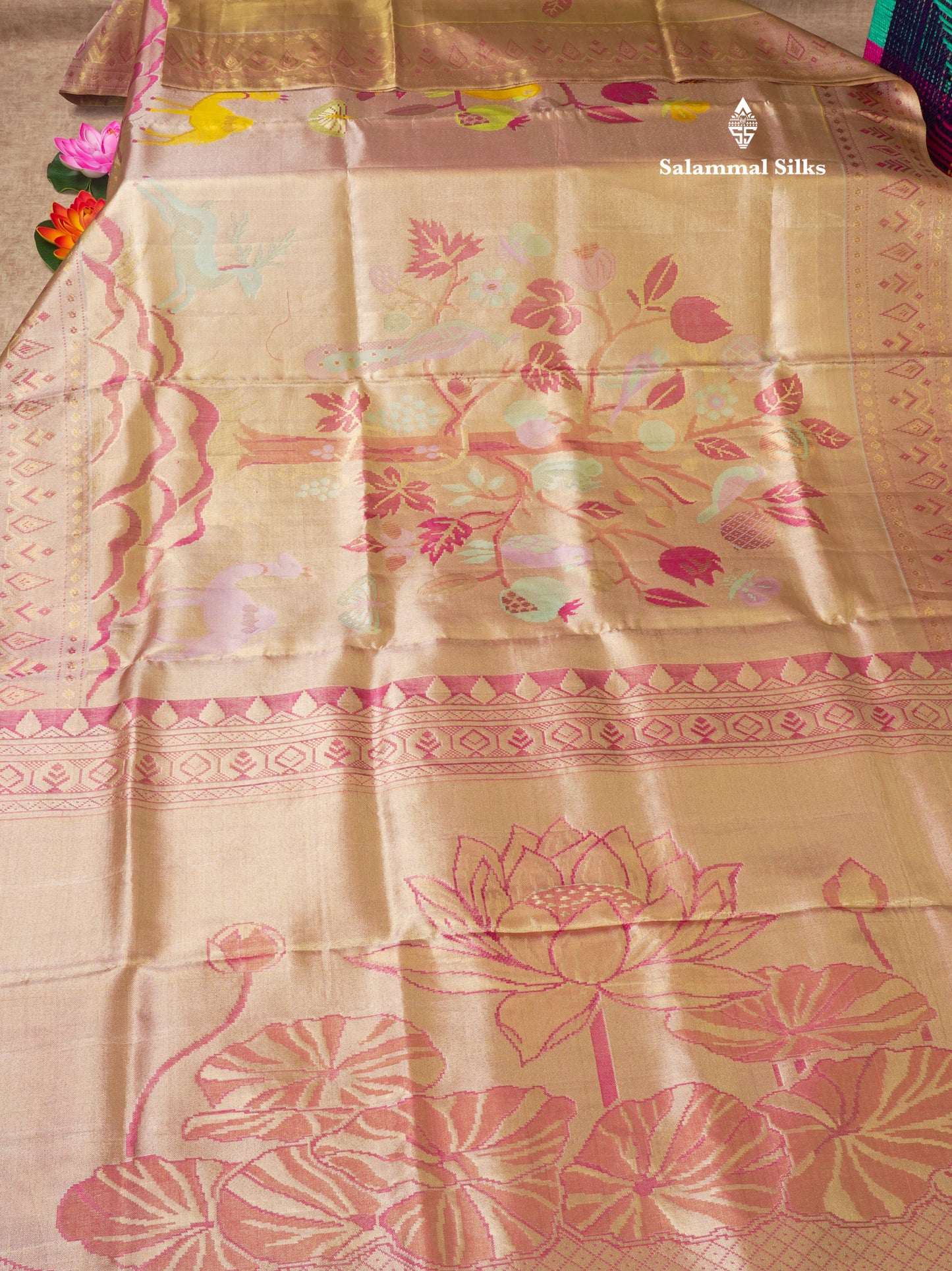 Forest Theme Based Bridal Tissue Pure Kanjivaram Silk Saree With Self Border