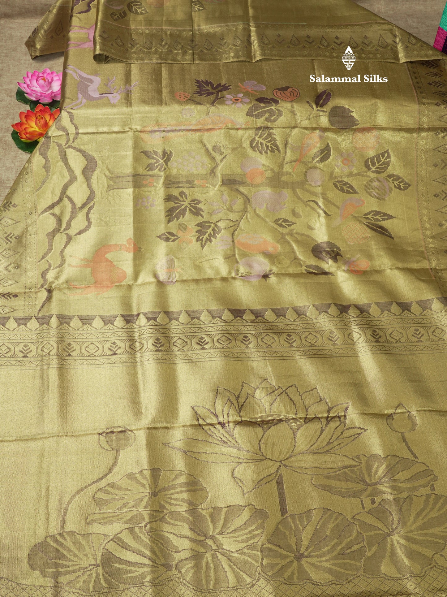 Forest Theme Based Bridal Tissue Pure Kanjivaram Silk Saree With Self Border