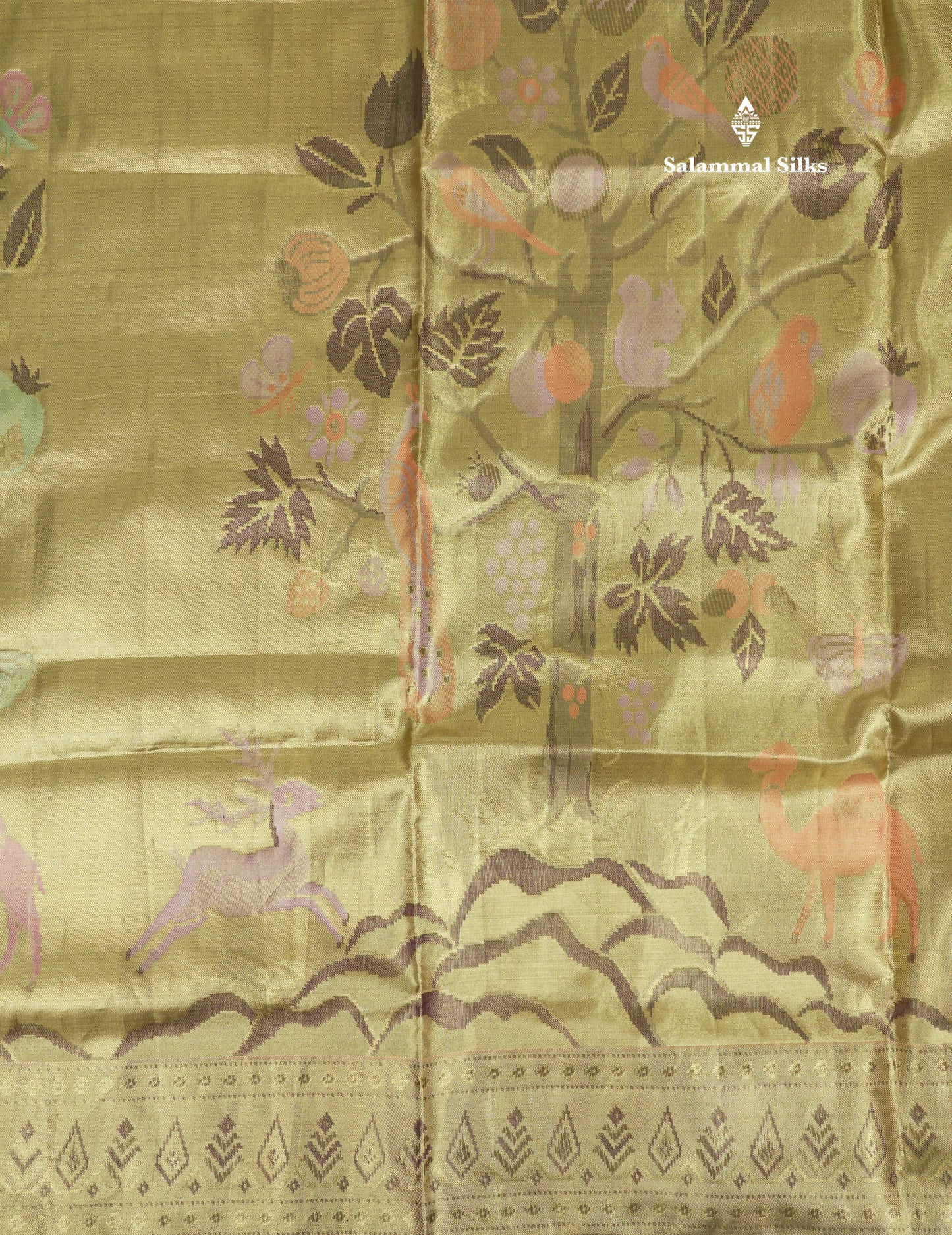 Forest Theme Based Bridal Tissue Pure Kanjivaram Silk Saree With Self Border