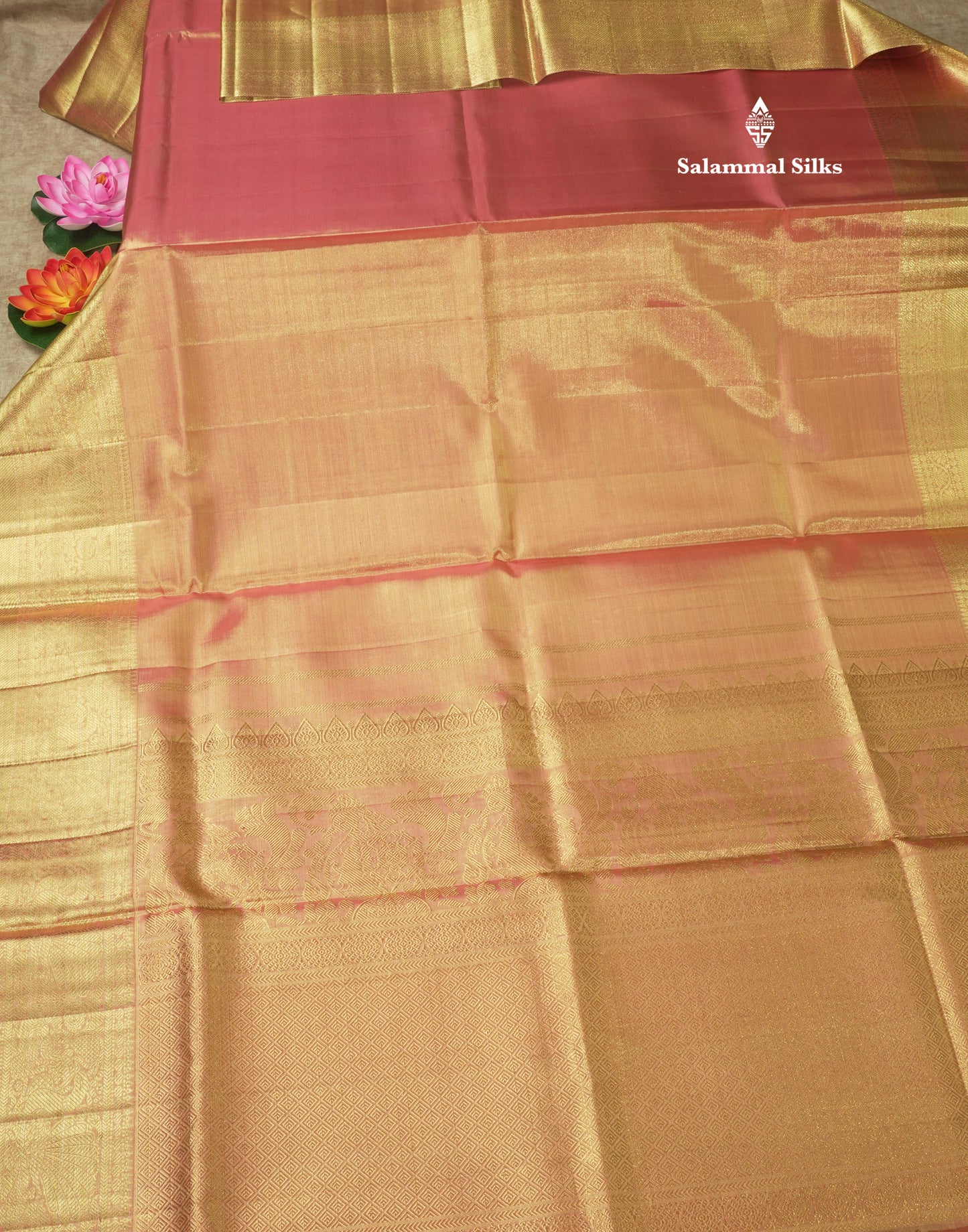 Beautiful Pink Tissue Plain Pure Kanjivaram Silk Saree (2G) Zari With Self Border