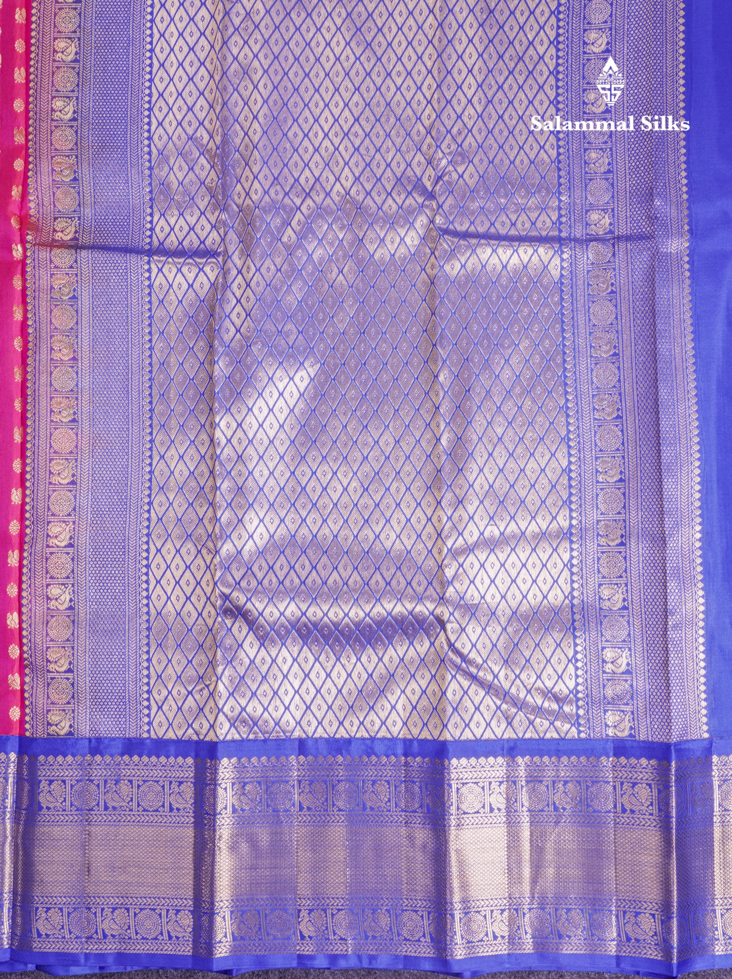Pink Pure Kanjivaram Silk Saree With Contrast Royal Blue Traditional Border